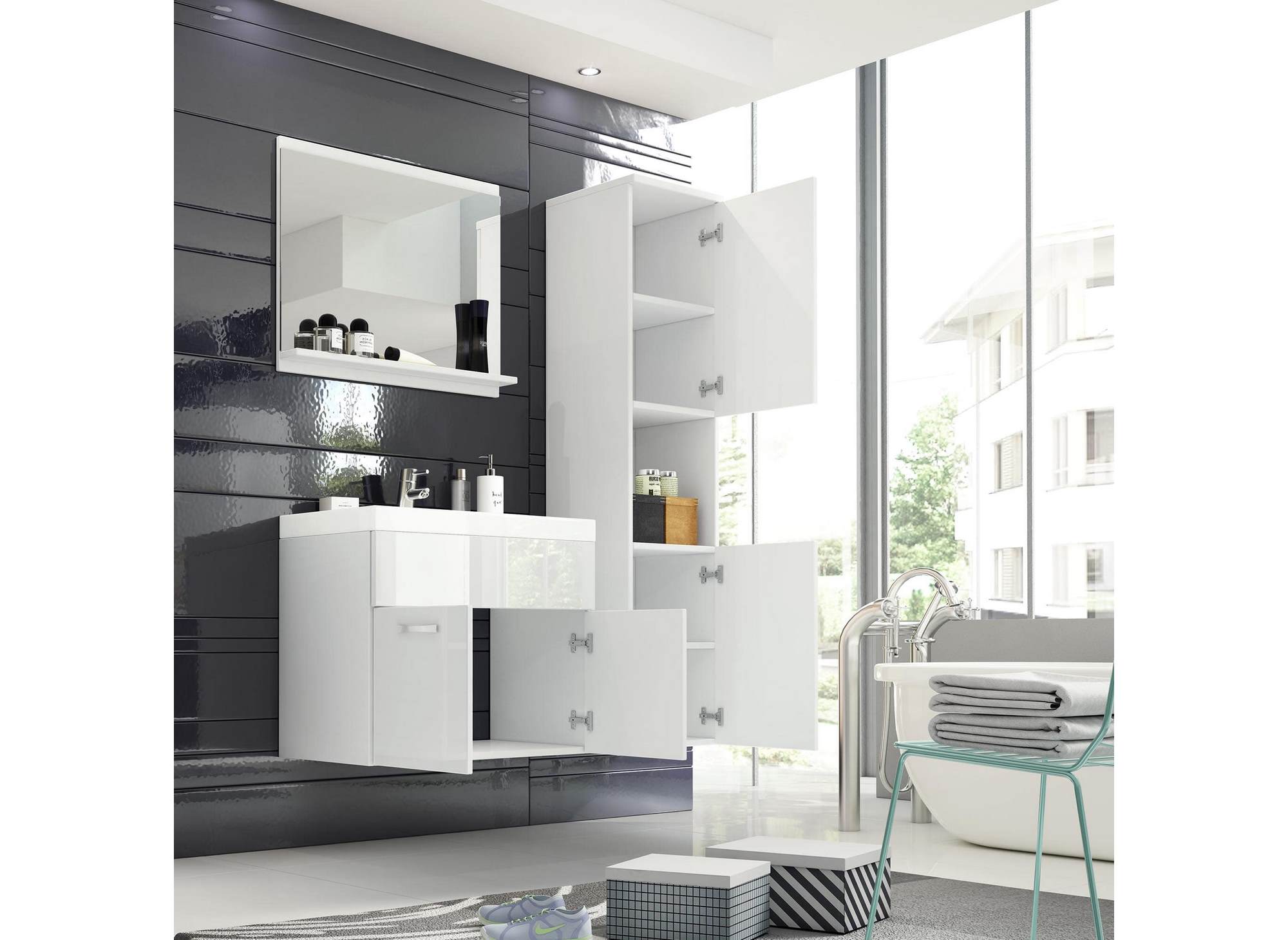 Ensemble meubles salle de bain design suspendu - Blanc laqué HARMONY