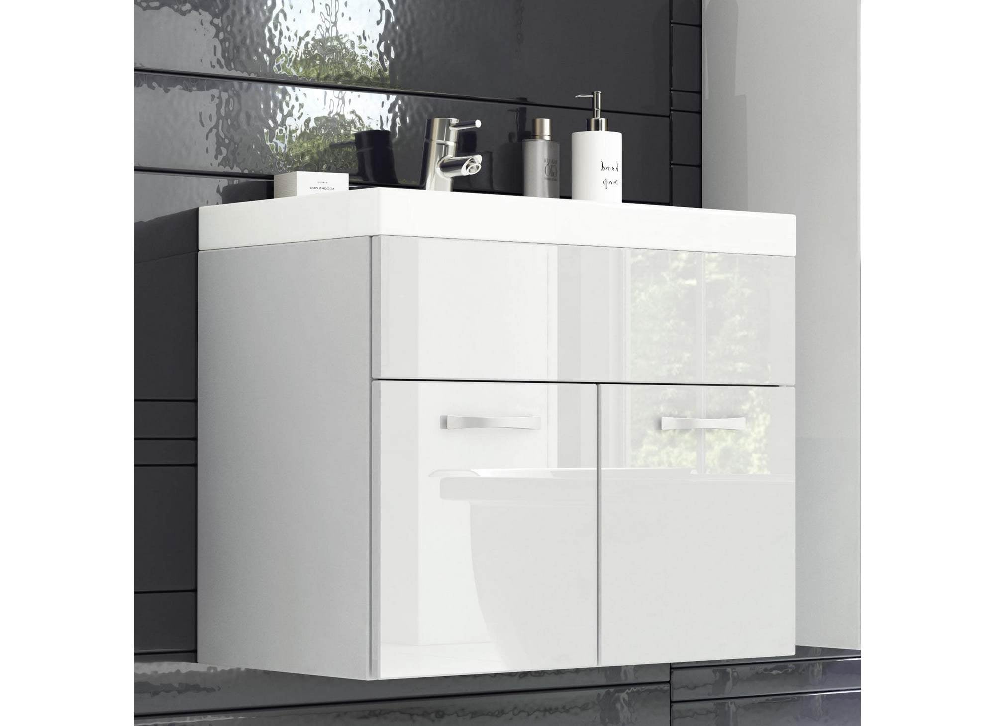 Ensemble meubles salle de bain design suspendu - Blanc laqué HARMONY