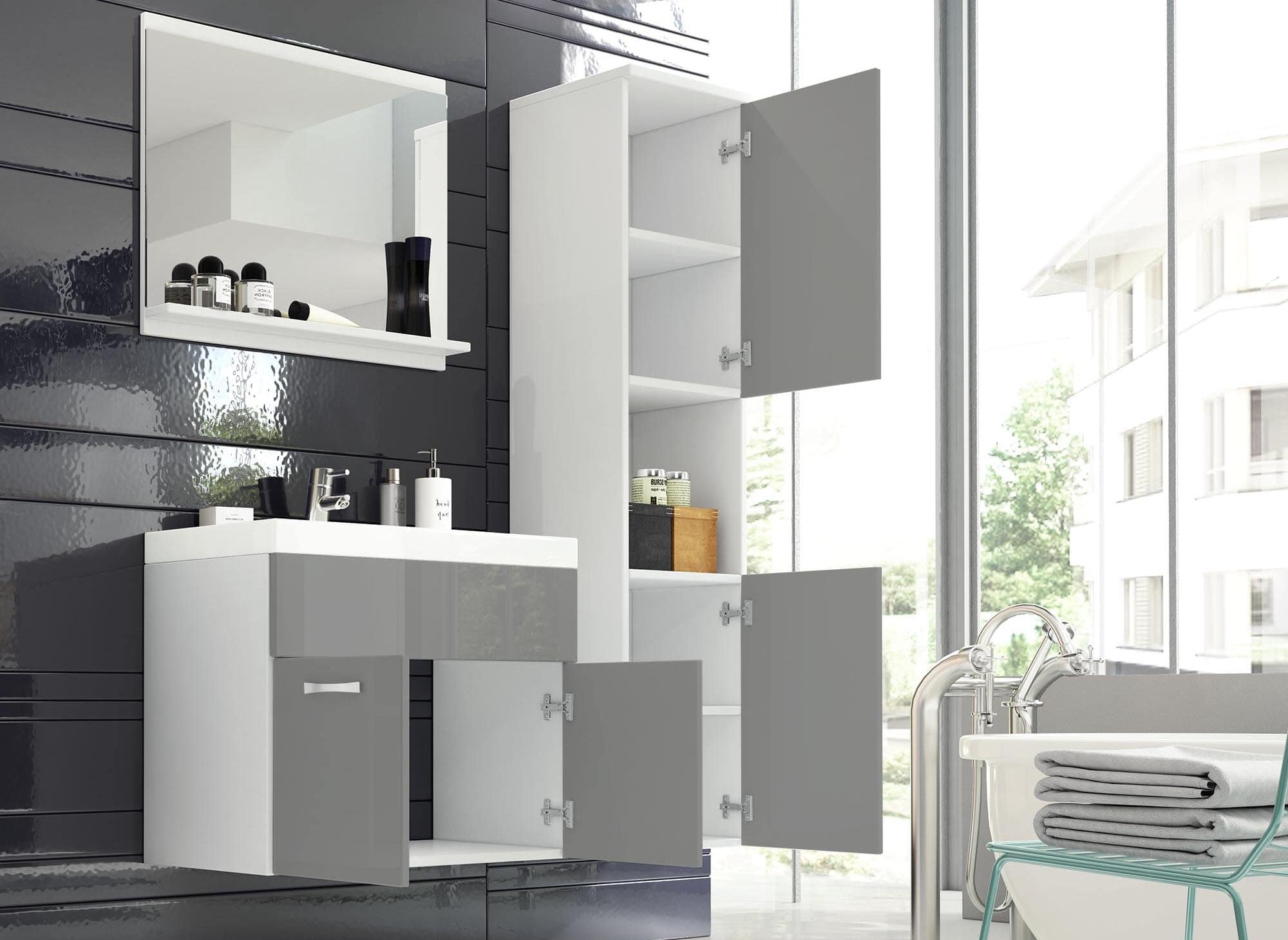 Ensemble meubles salle de bain design suspendu - Blanc et gris laqué HARMONY