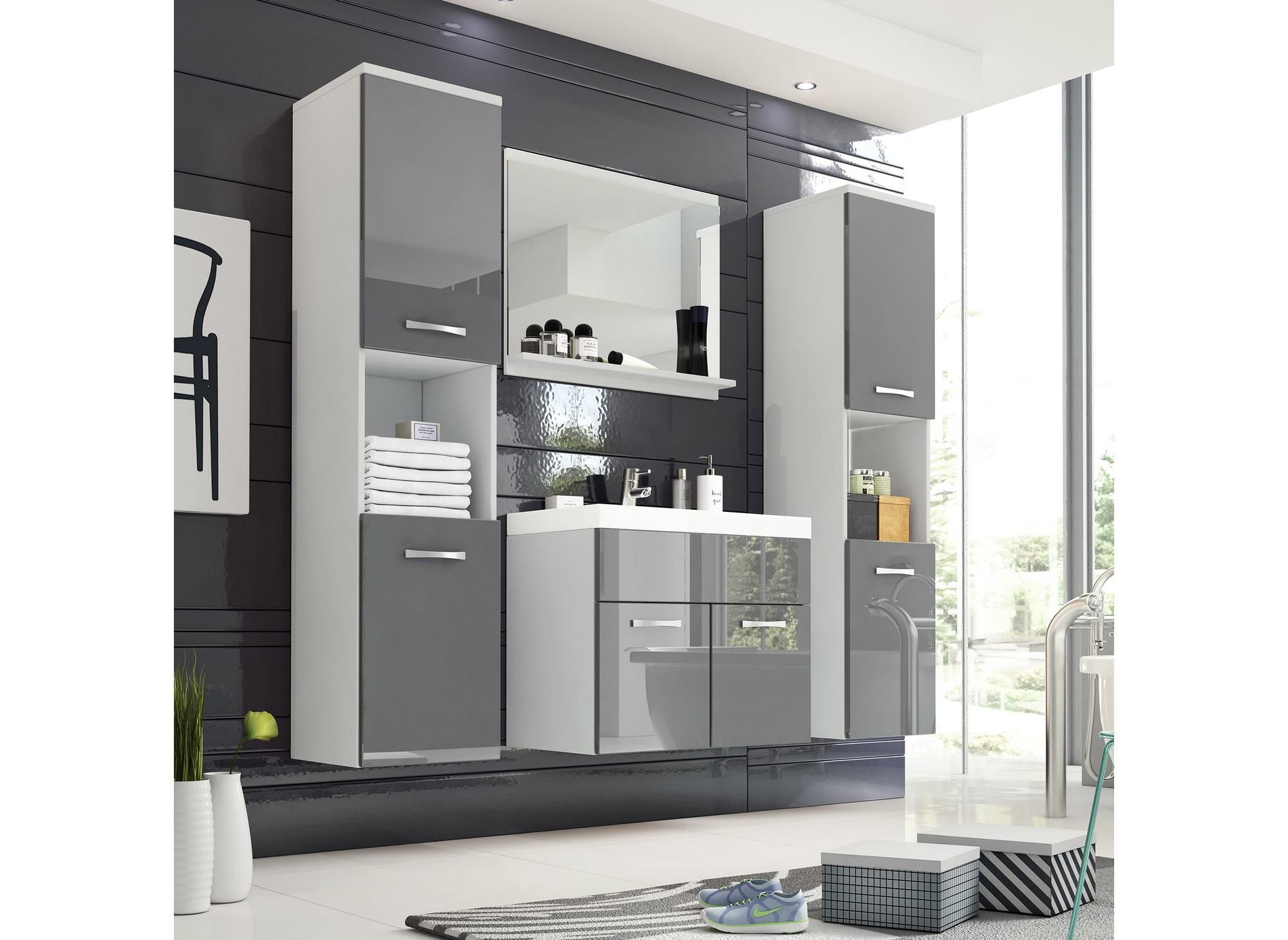 Ensemble meubles salle de bain design suspendu XL - Blanc et gris HARMONY
