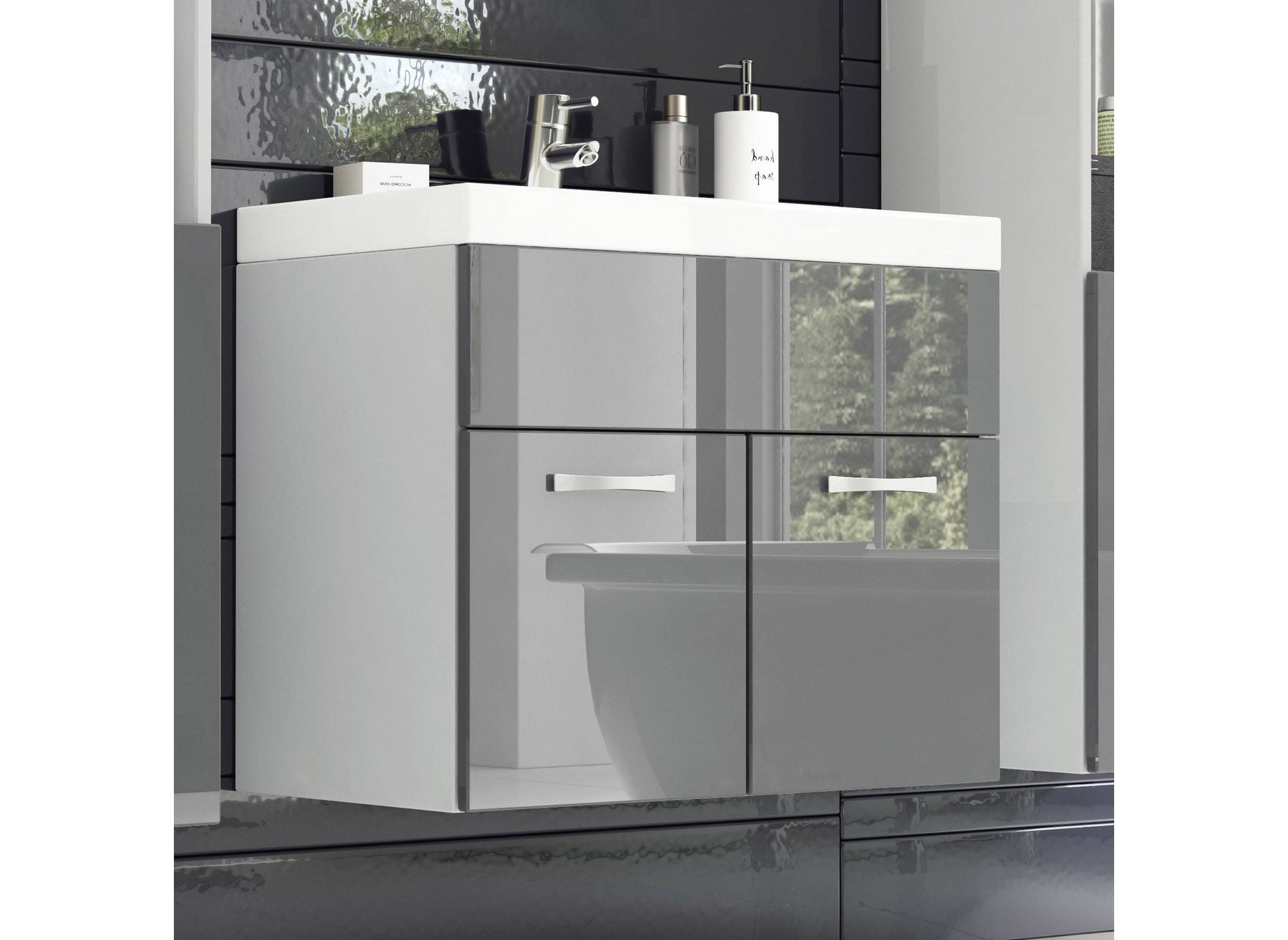 Ensemble meubles salle de bain design suspendu XL - Blanc et gris HARMONY