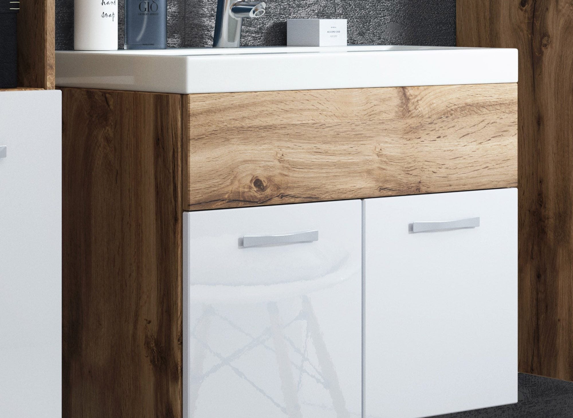 Ensemble meubles salle de bain suspendu XL - Bois et blanc HARMONY