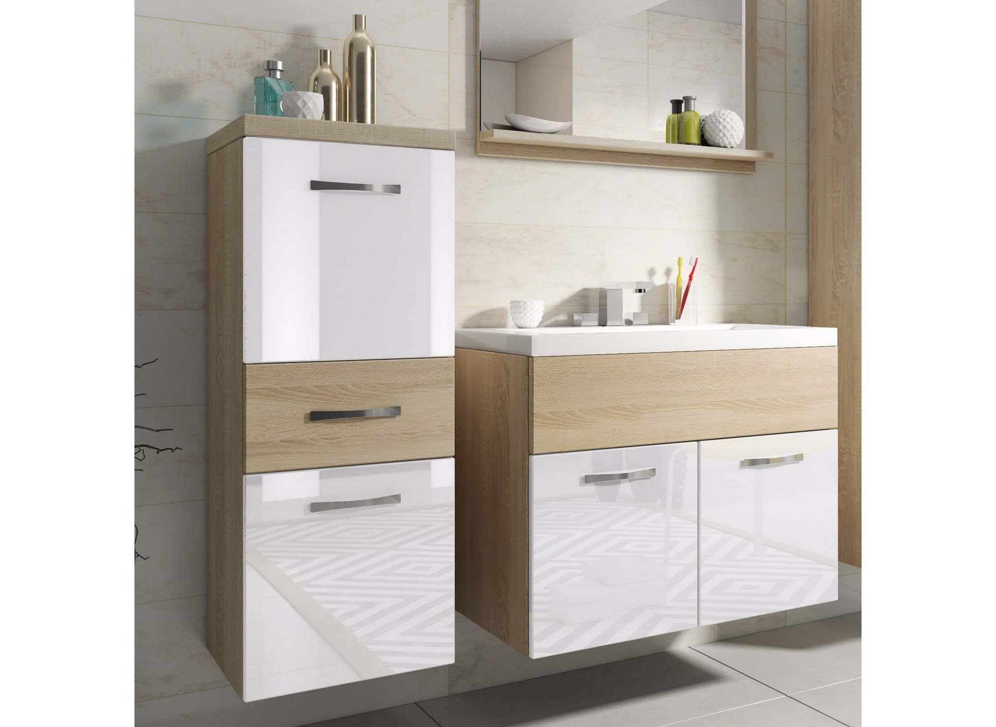 Ensemble meubles salle de bain suspendu - Bois et blanc SHELBY