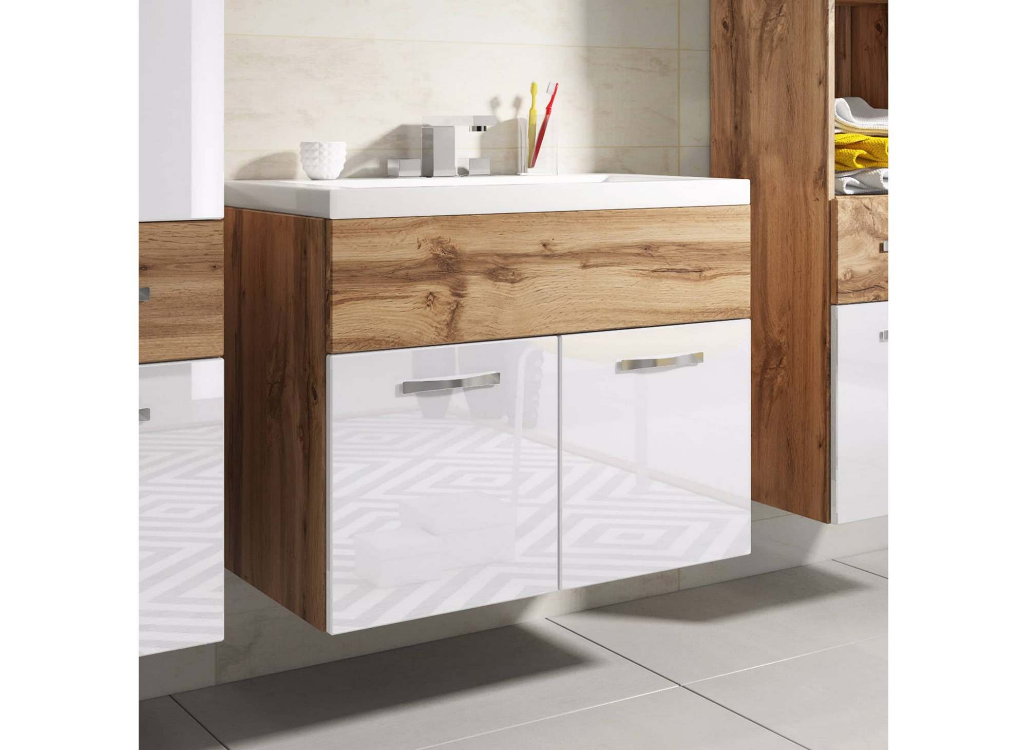 Ensemble meubles salle de bain suspendu - Bois effet vieilli et blanc SHELBY