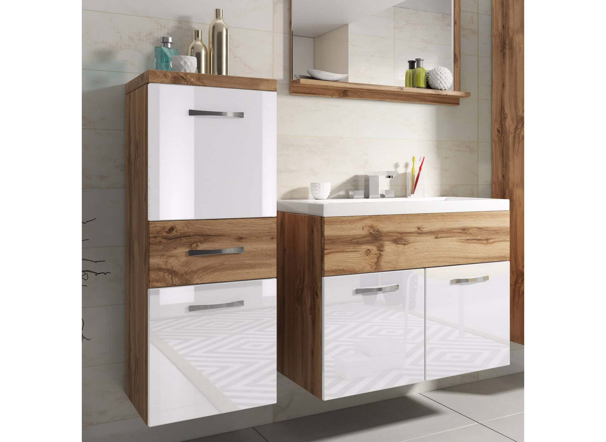 Ensemble meubles salle de bain suspendu - Bois effet vieilli et blanc SHELBY