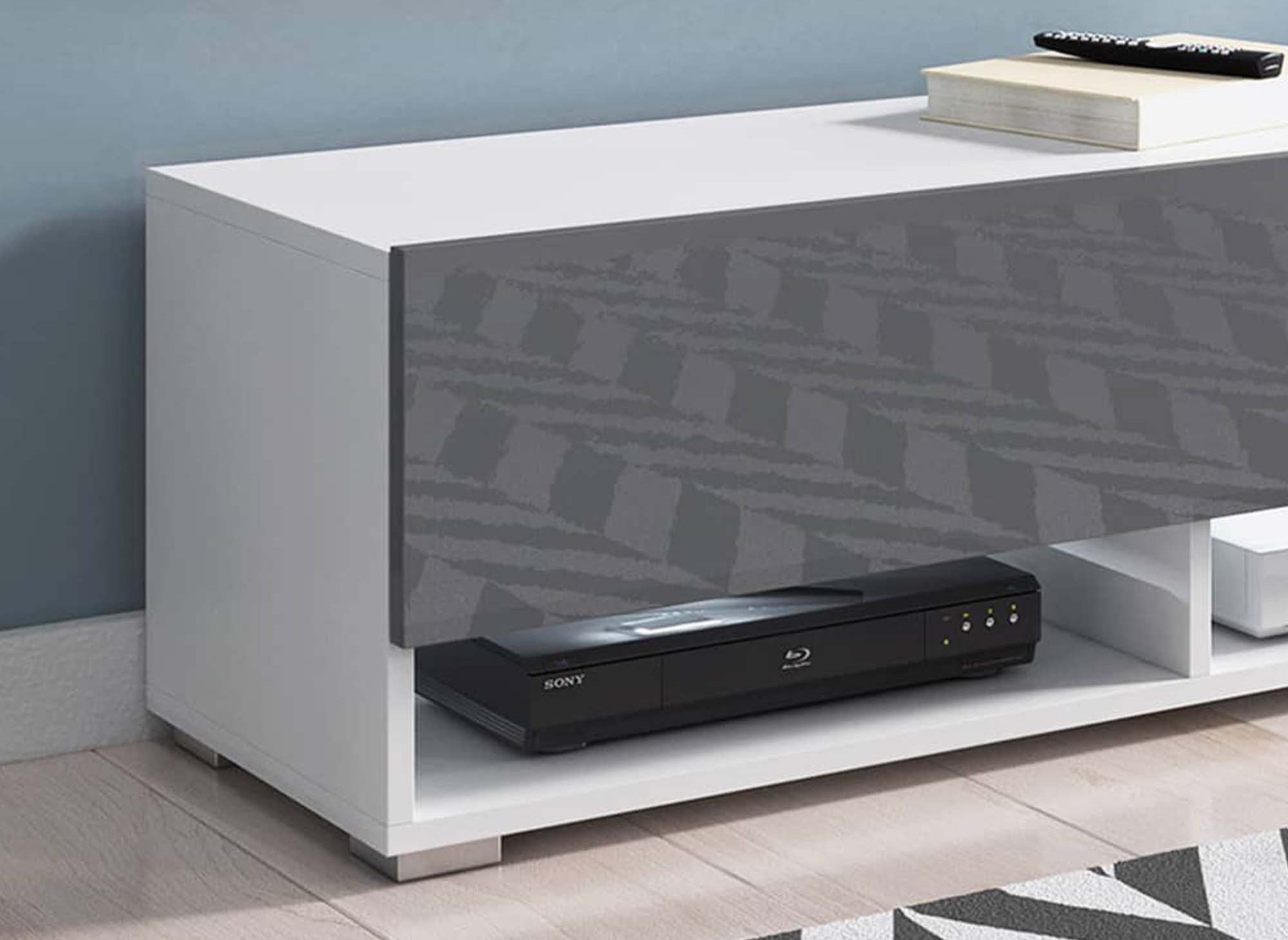 Meuble TV suspendu 1 porte 2 niches blanc et gris ROMANE - 100 cm