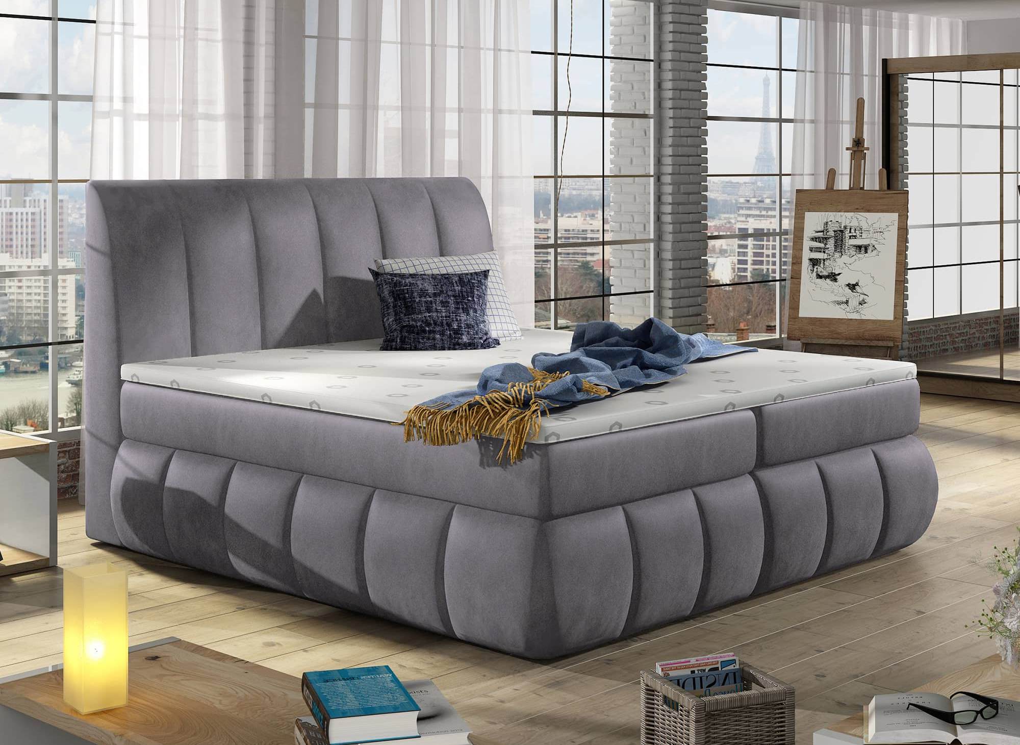 Lit boxspring 140x200 avec coffre de rangement en velours gris - VALERIA