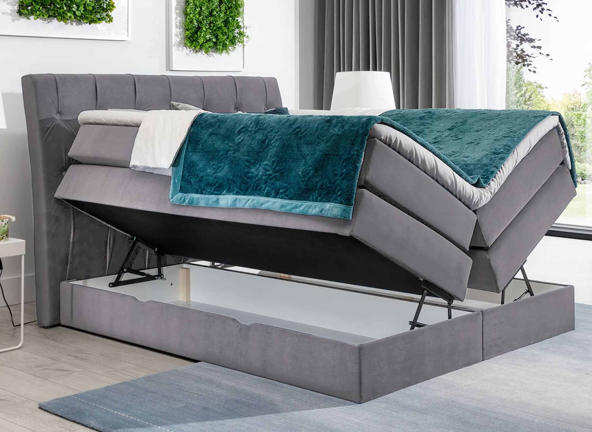 Lit boxspring 140x200 avec coffre de rangement en velours gris MIRANDA
