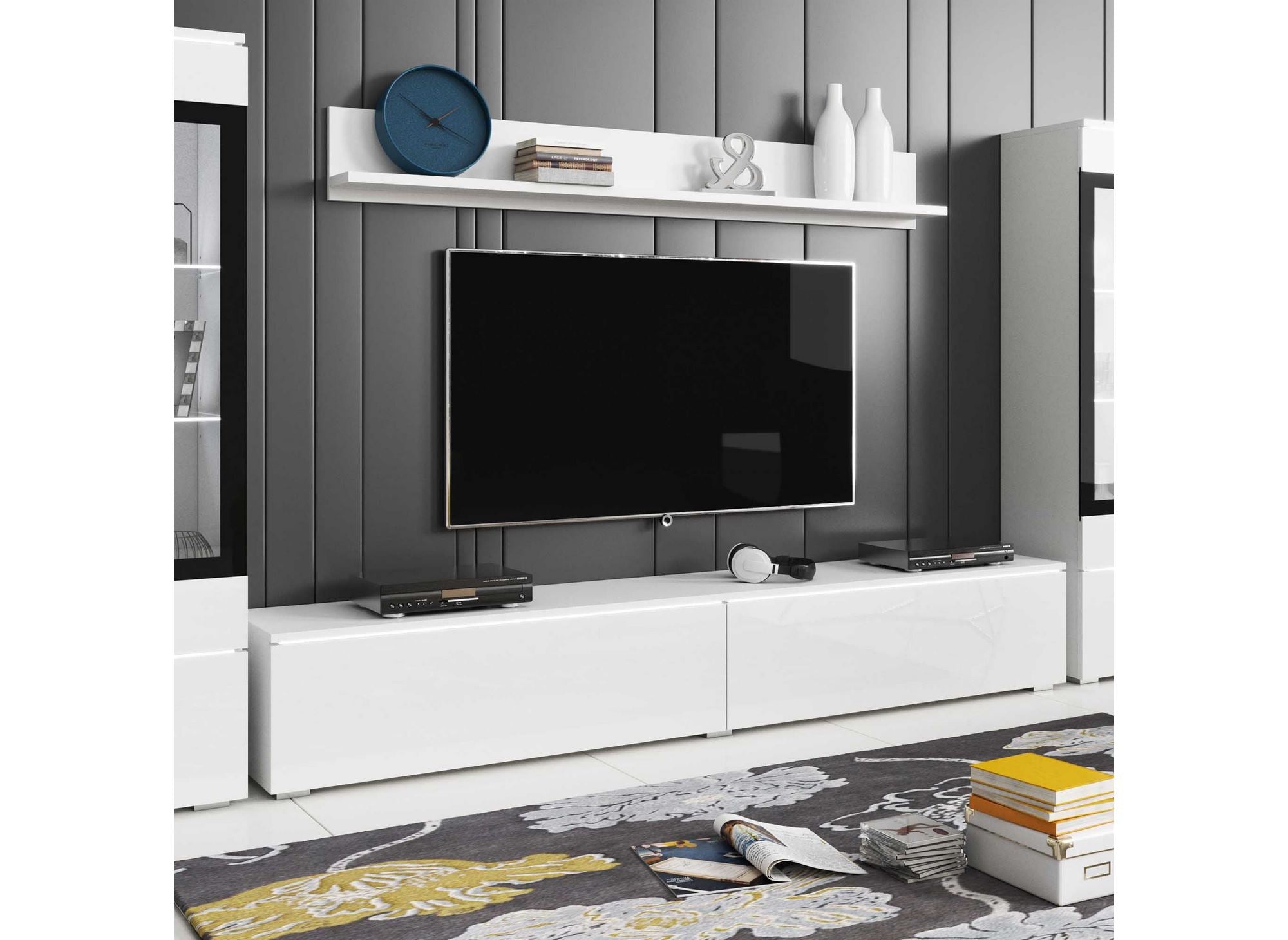 Meuble TV contemporain blanc laqué avec LED - VERONICA XL