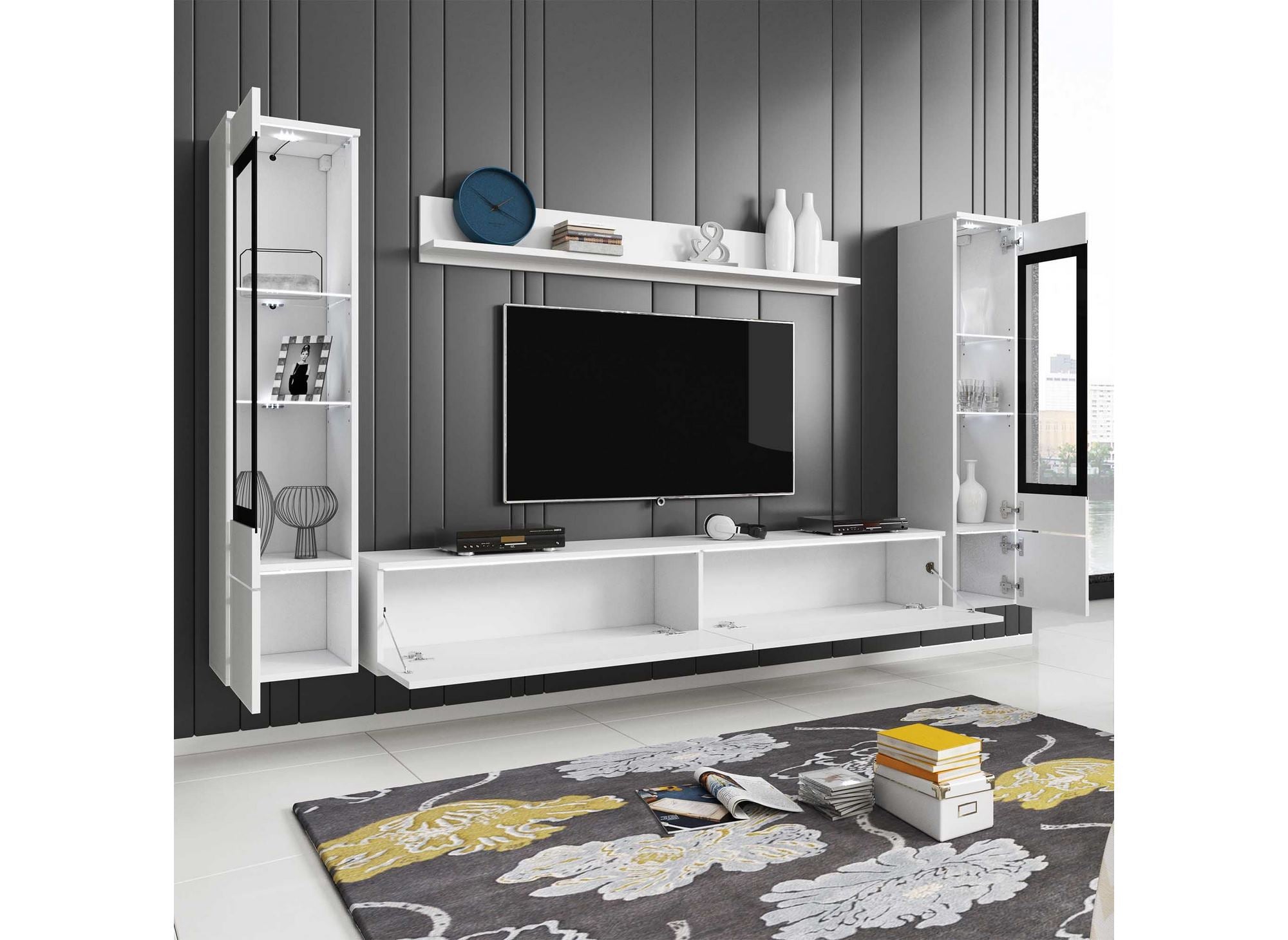 Meuble TV contemporain blanc laqué avec LED - VERONICA XL