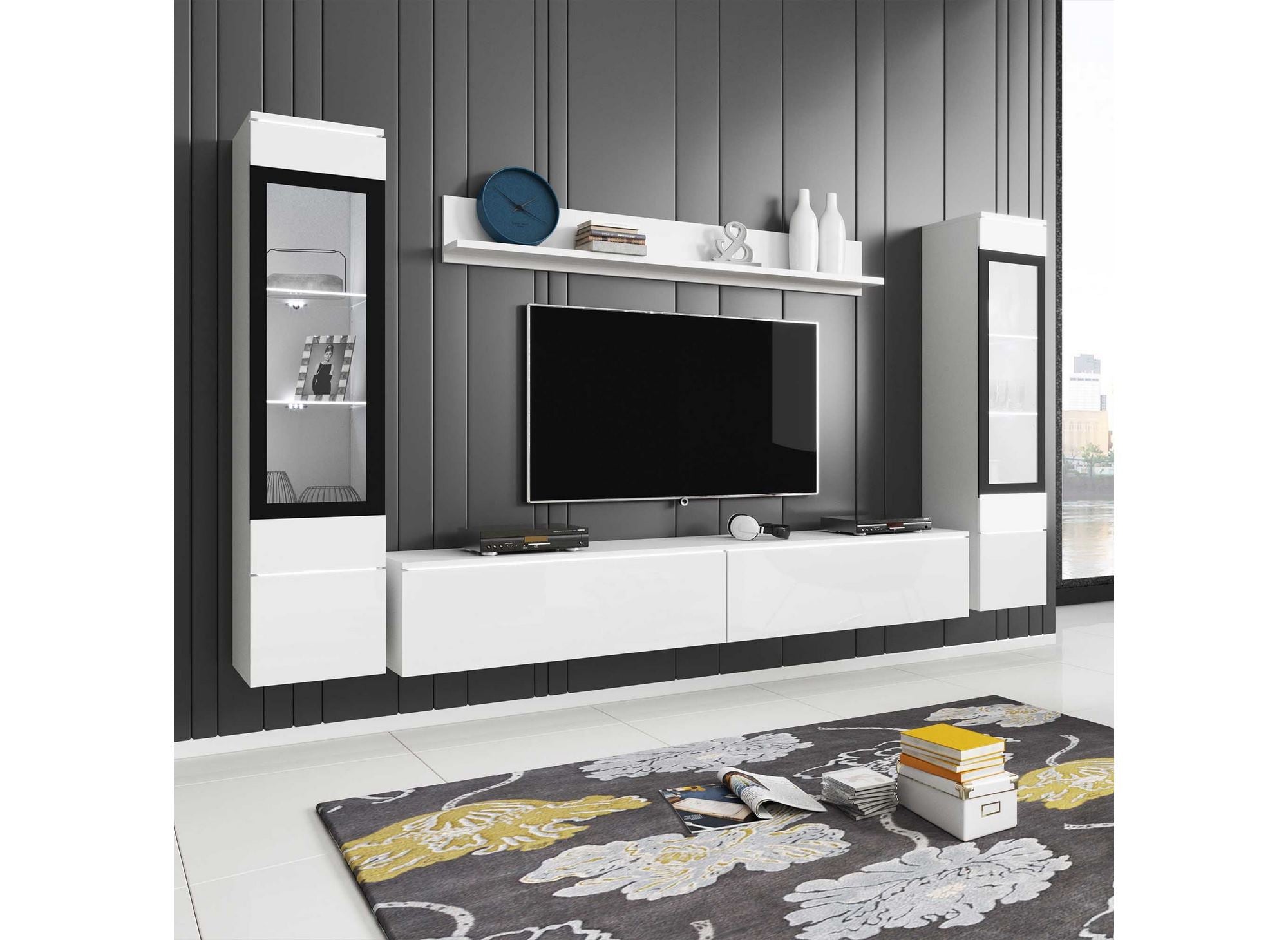 Meuble TV contemporain blanc laqué avec LED - VERONICA XL