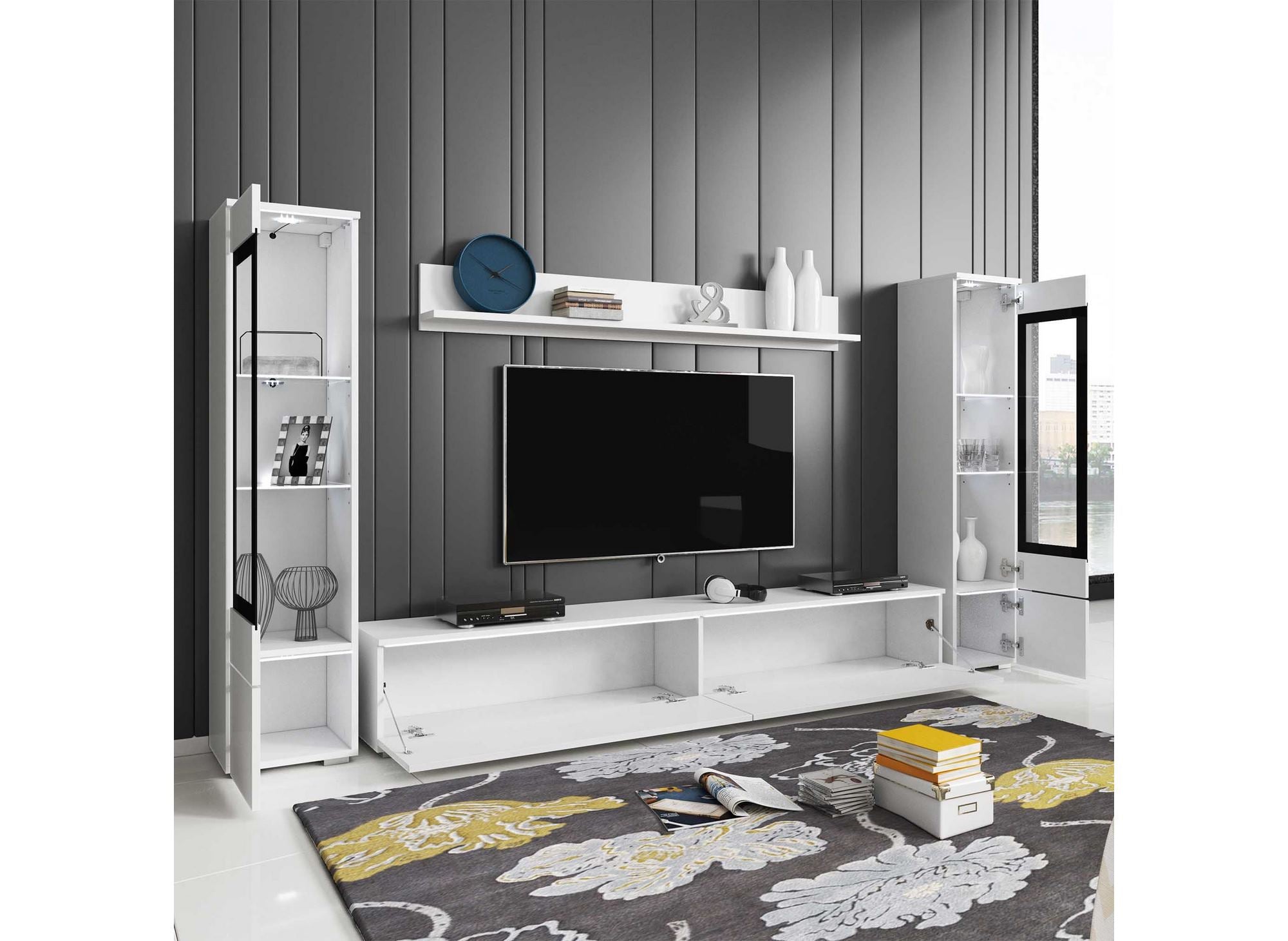 Meuble TV contemporain blanc laqué avec LED - VERONICA XL