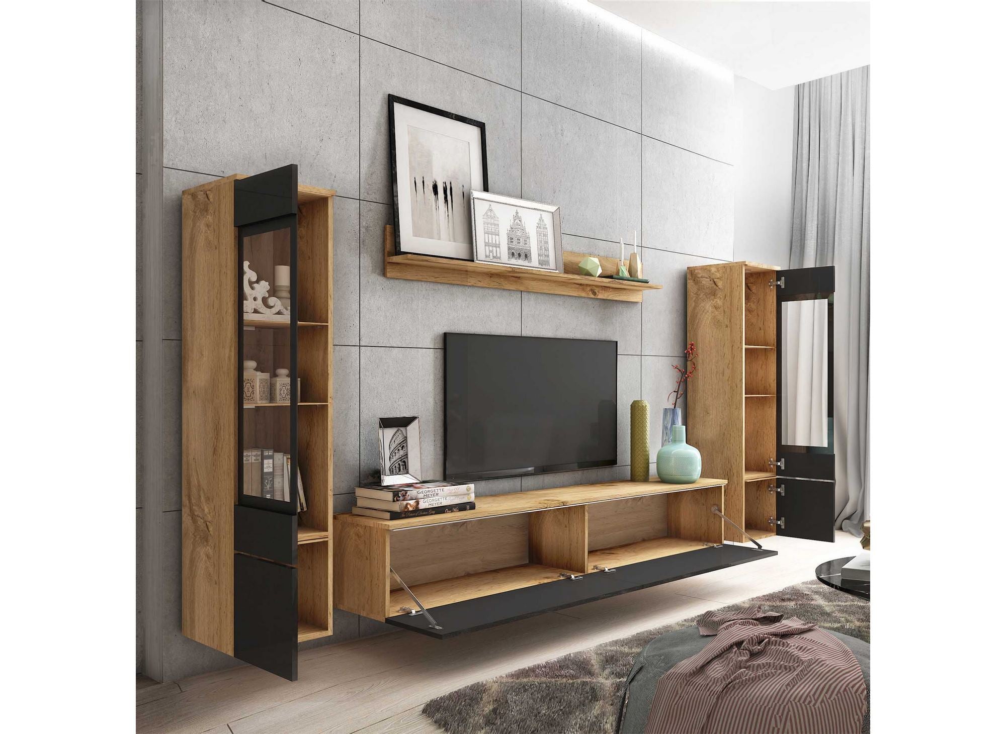 Meuble TV contemporain chêne et noir laqué avec LED - VERONICA XL