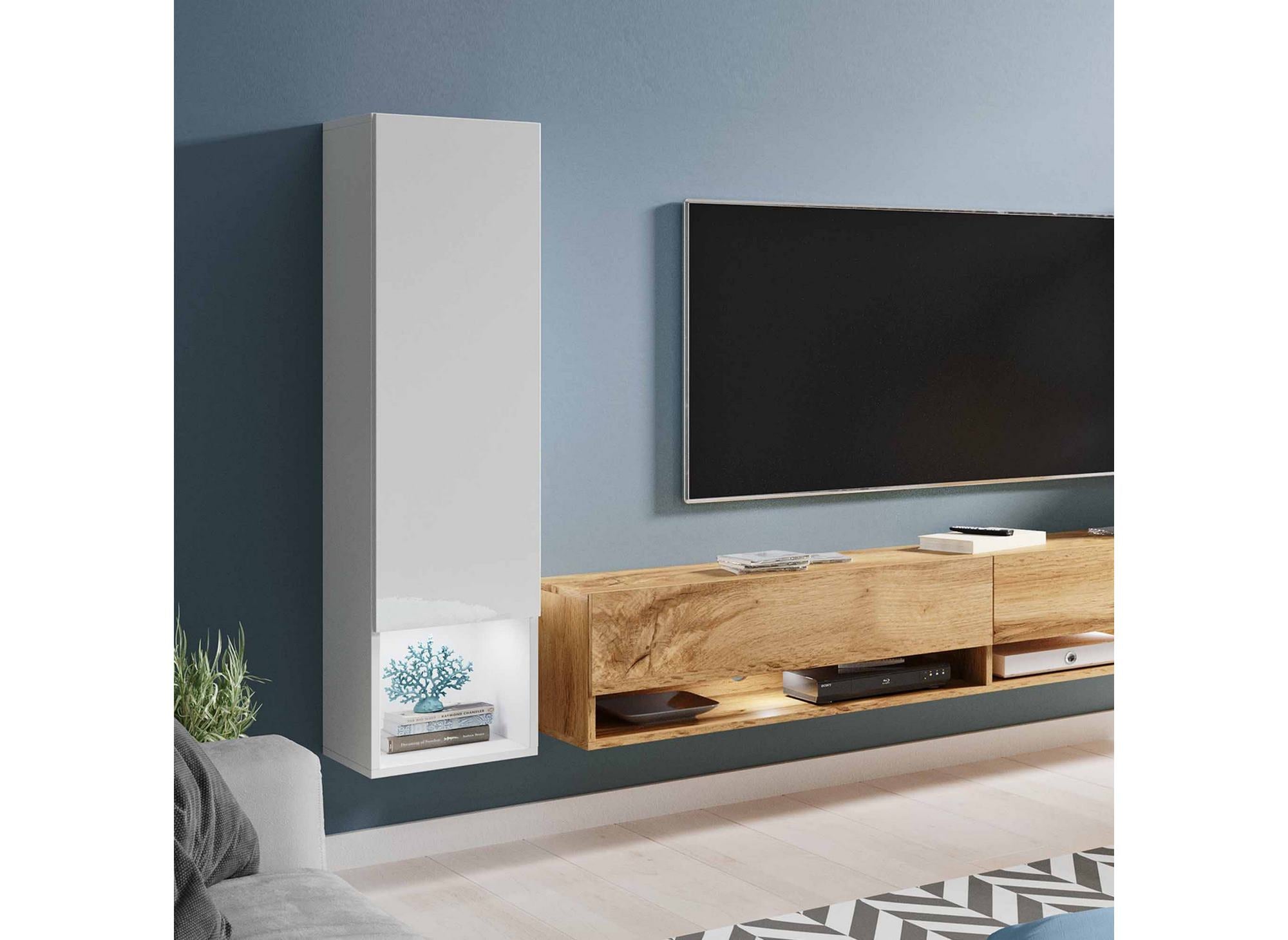 Meuble TV contemporain chêne et blanc laqué avec LED - AMANDA