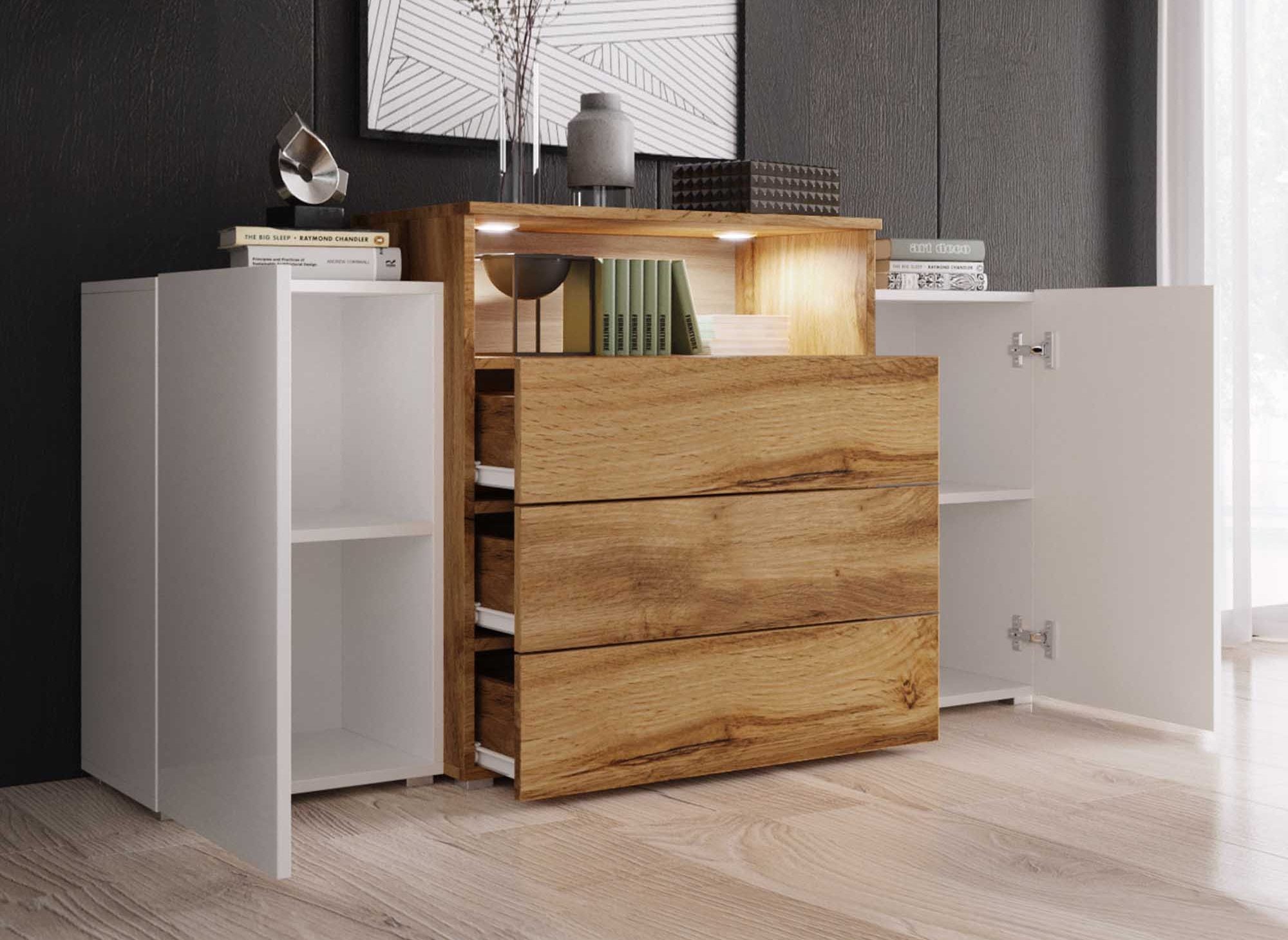 Buffet commodes 2 portes 3 tiroirs blanc et bois avec LED - MARCEL