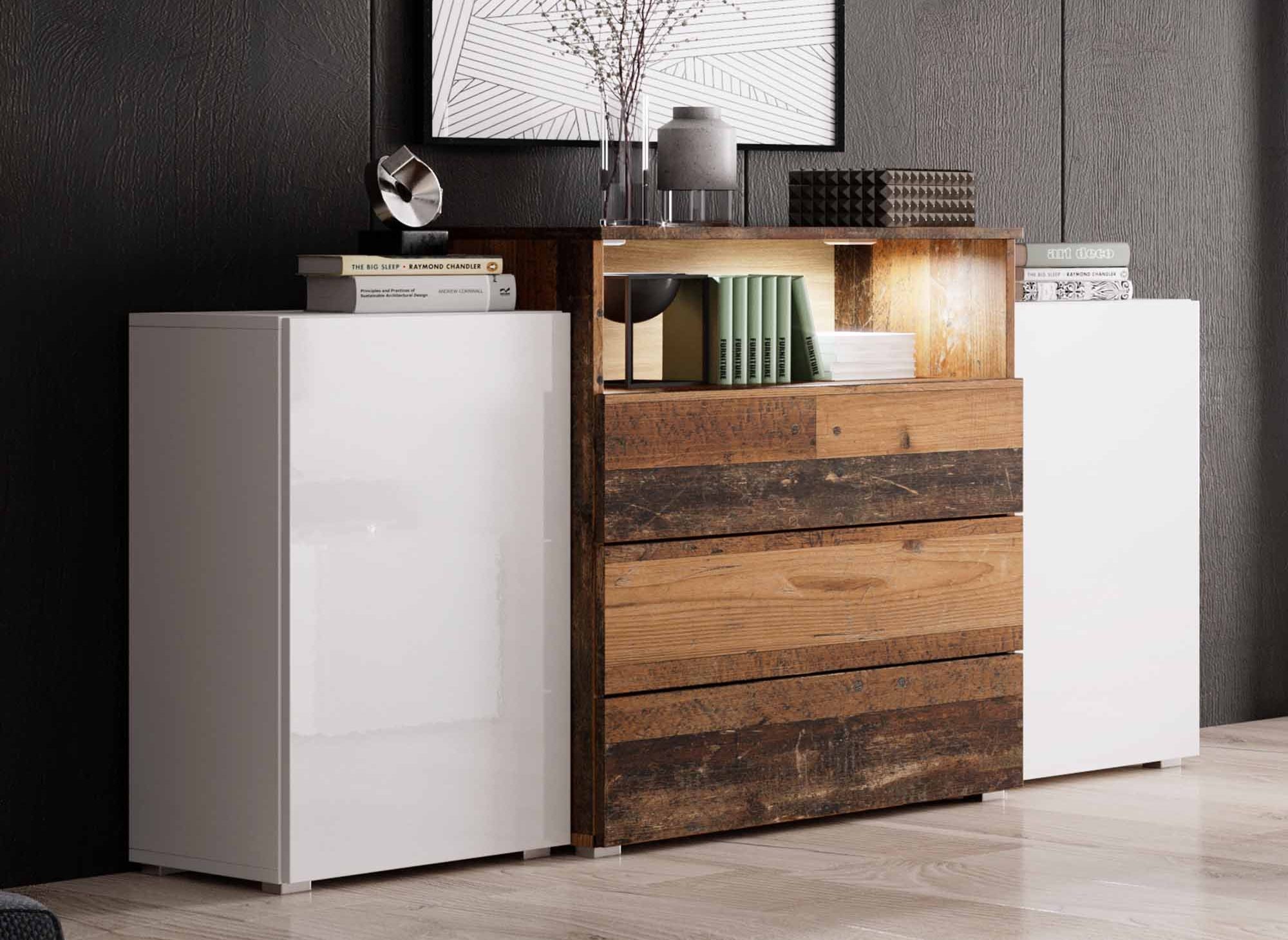 Buffet commodes 2 portes 3 tiroirs blanc et chêne vieilli avec LED - MARCEL