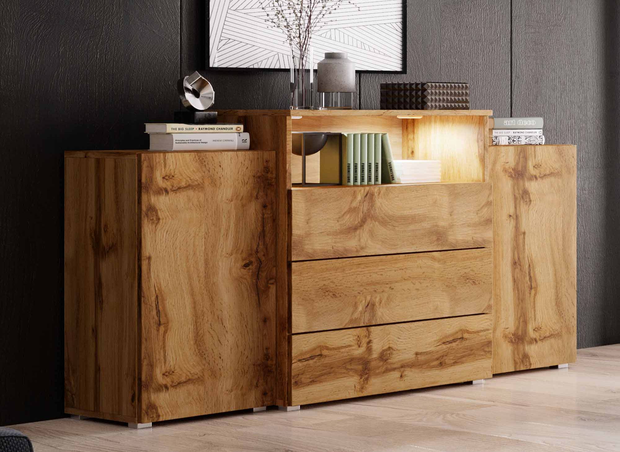 Buffet commodes 2 portes 3 tiroirs chêne avec LED - MARCEL