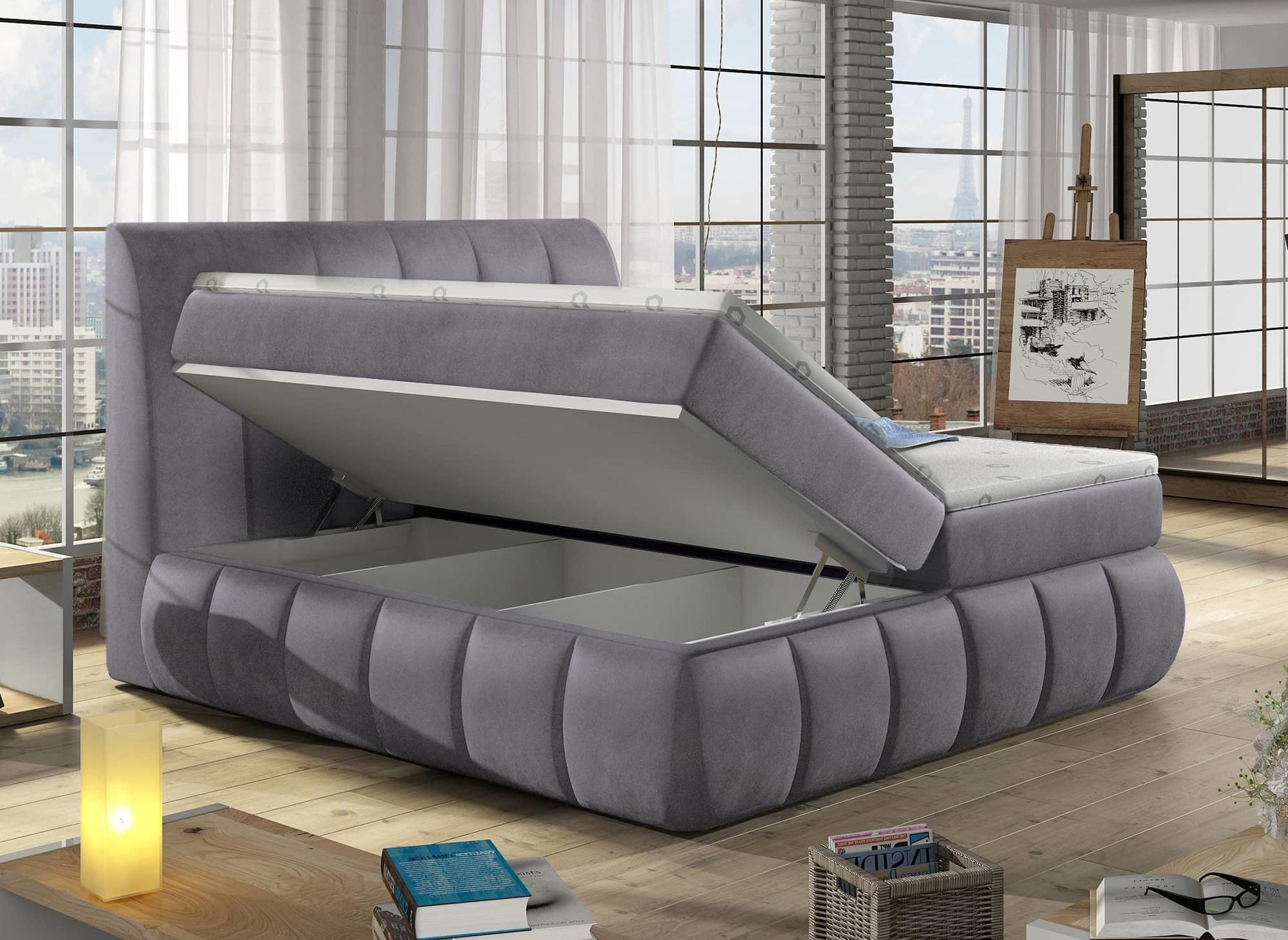 Lit boxspring 140x200 avec coffre de rangement en velours gris - VALERIA