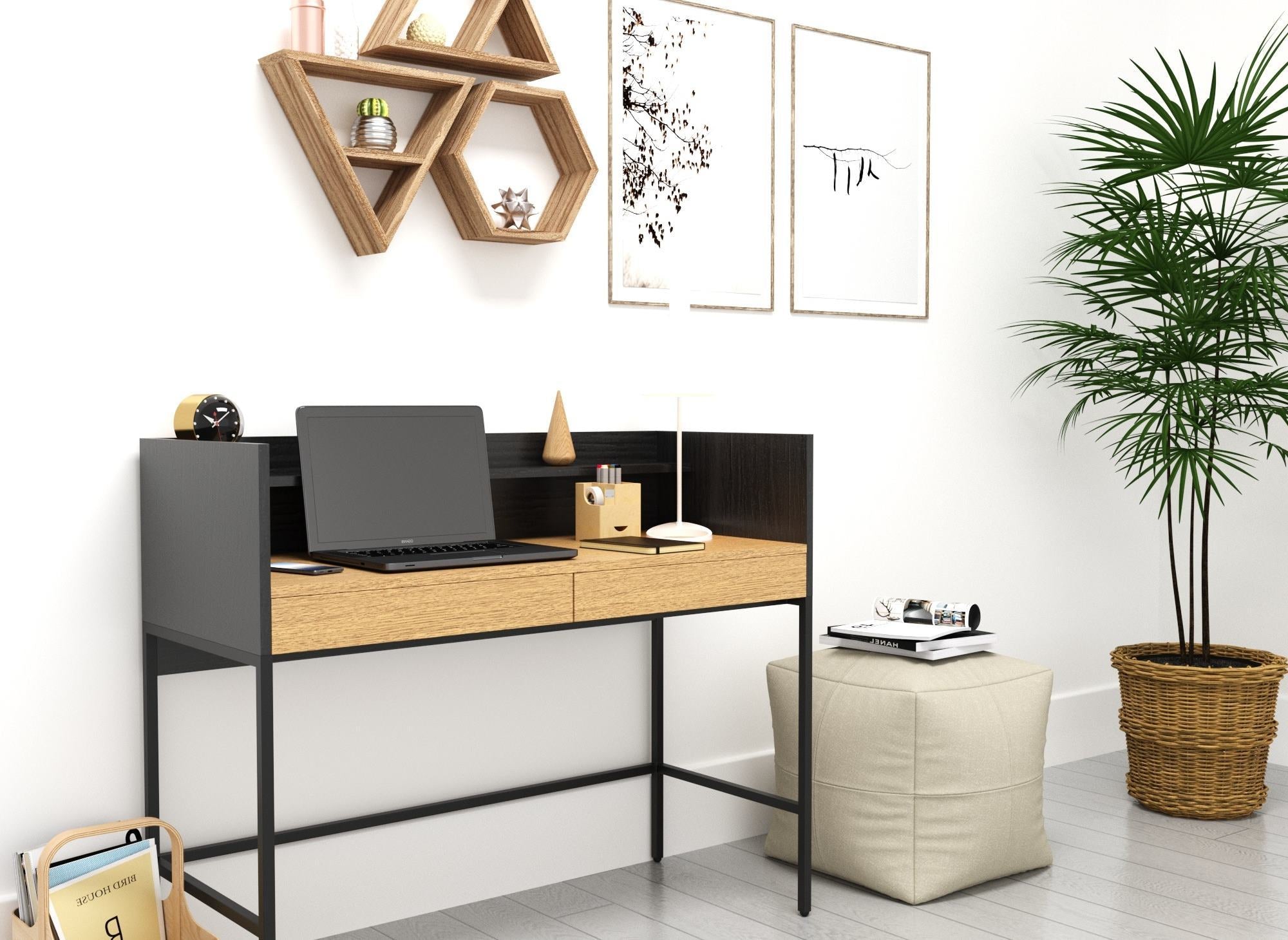 Bureau 2 tiroirs 1 étagère design industriel en bois et métal ALICE