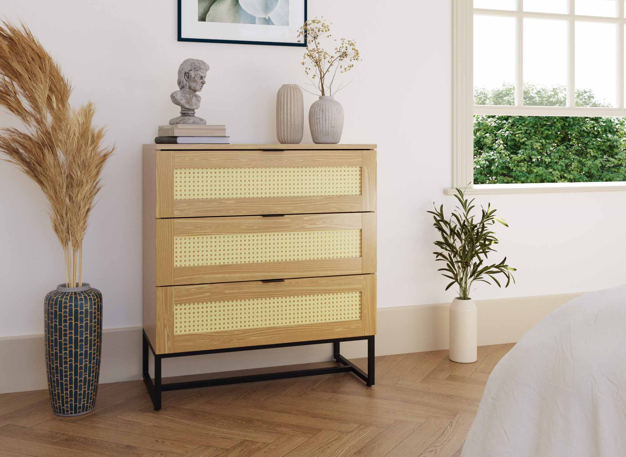 Commode scandinave 3 tiroirs en bois métal et cannage TULLIO