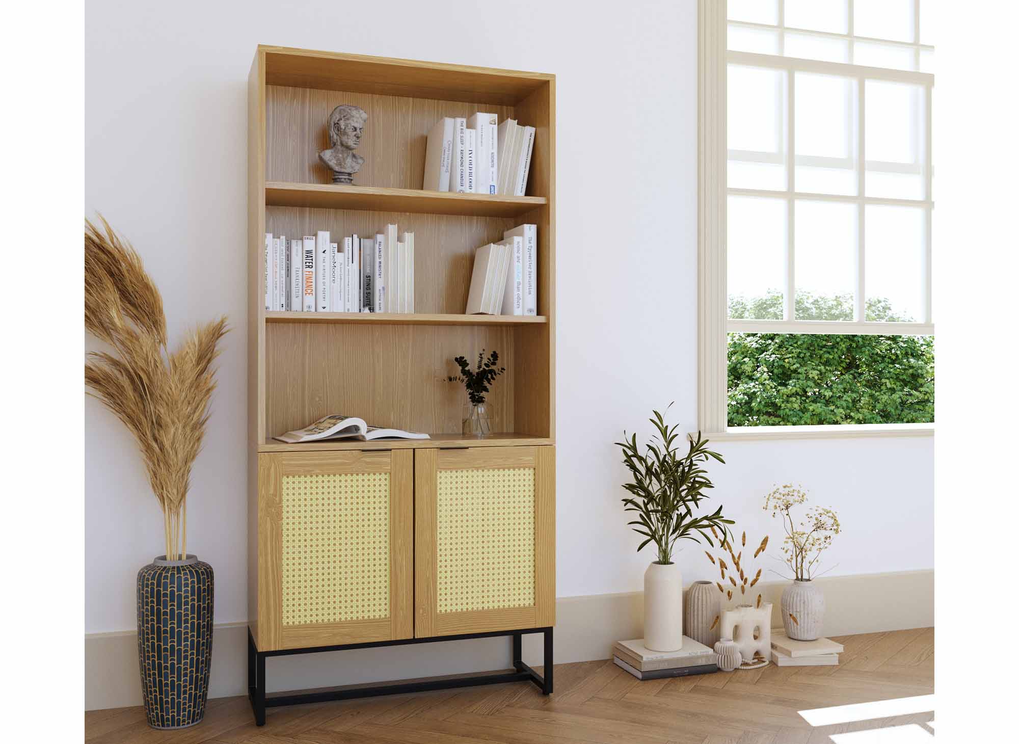 Bibliothèque scandinave 2 portes 2 étagères en bois métal et cannage TULLIO