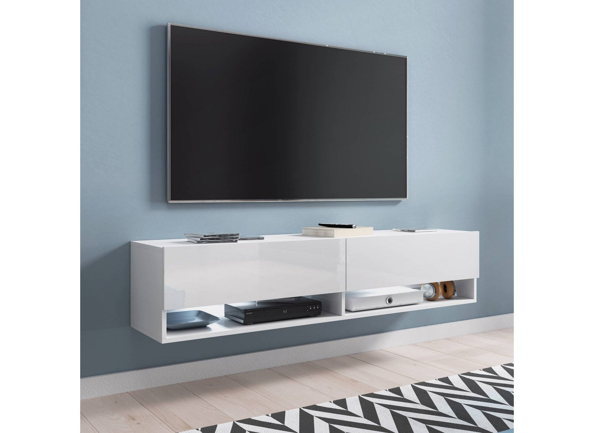 Meuble TV suspendu 1 porte 2 niches blanc ROMANE - 100 cm