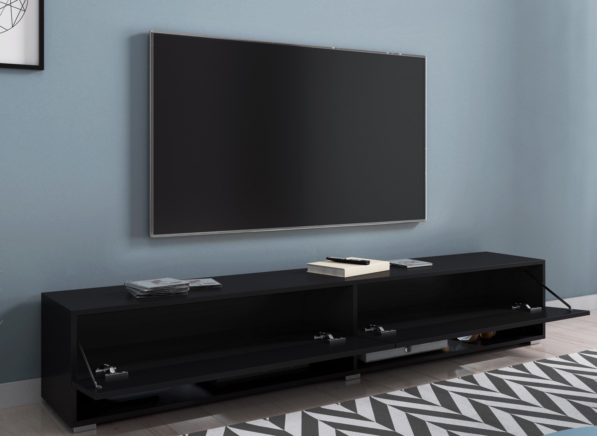 Meuble TV suspendu 2 portes 2 niches noir ROMANE XXL - 180 cm