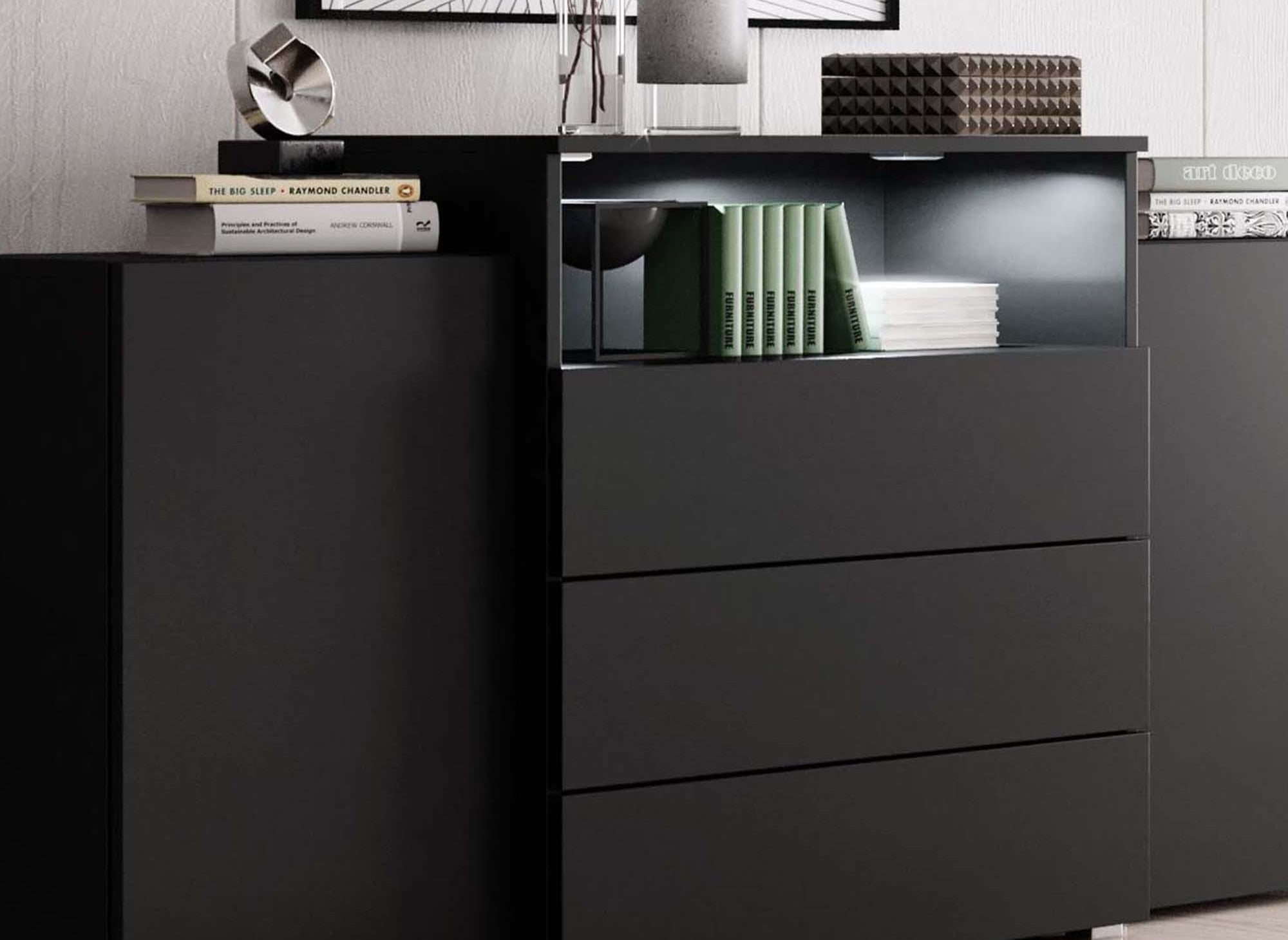 Buffet commodes 2 portes 3 tiroirs noir avec LED - MARCEL