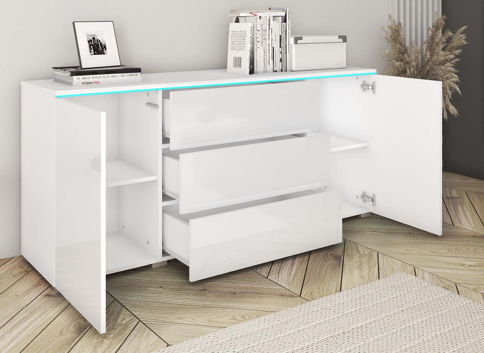 Buffet commode 2 portes 3 tiroirs blanc avec LED - ALEXIA