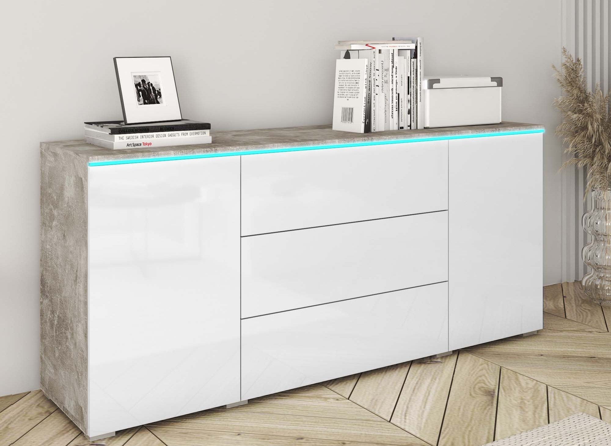 Buffet commode 2 portes 3 tiroirs blanc et béton avec LED - ALEXIA