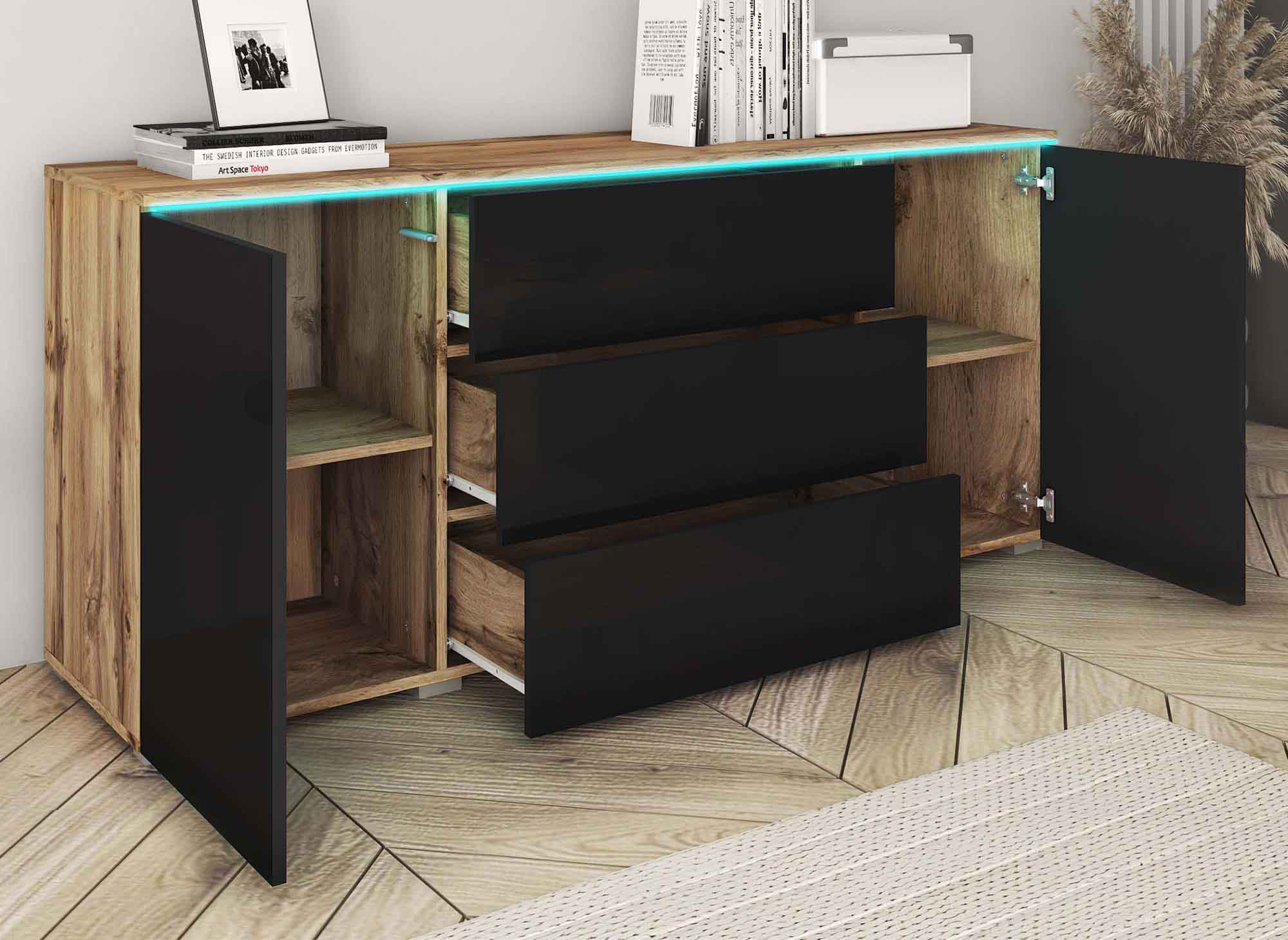 Buffet commode 2 portes 3 tiroirs chêne et noir avec LED - ALEXIA