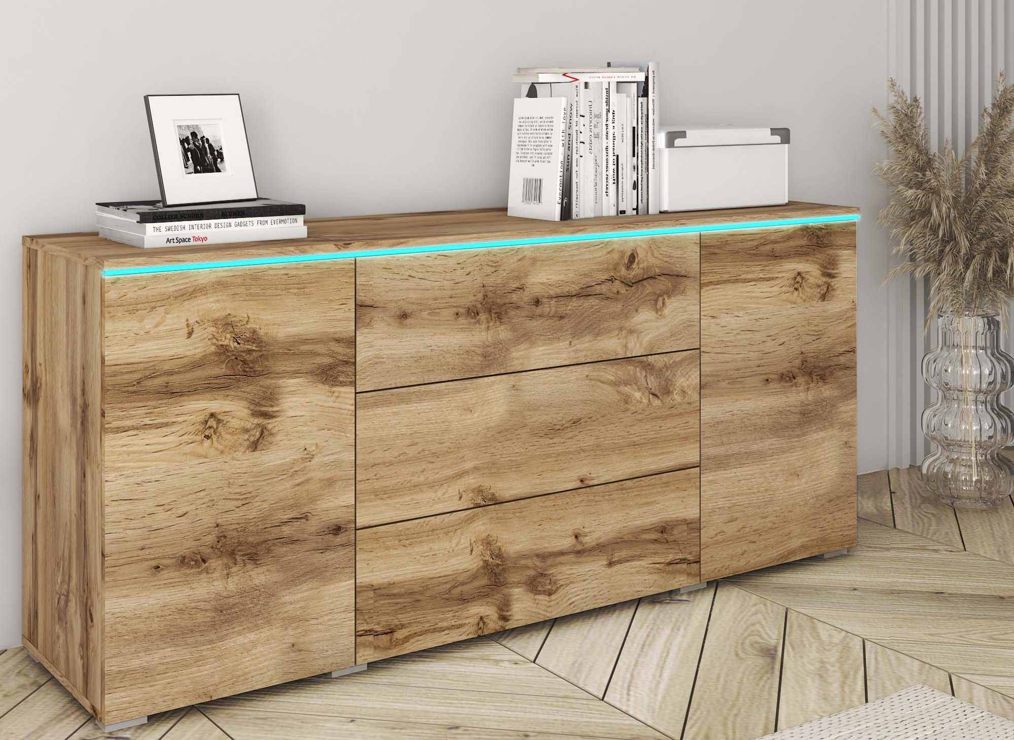 Buffet commode 2 portes 3 tiroirs chêne avec LED - ALEXIA