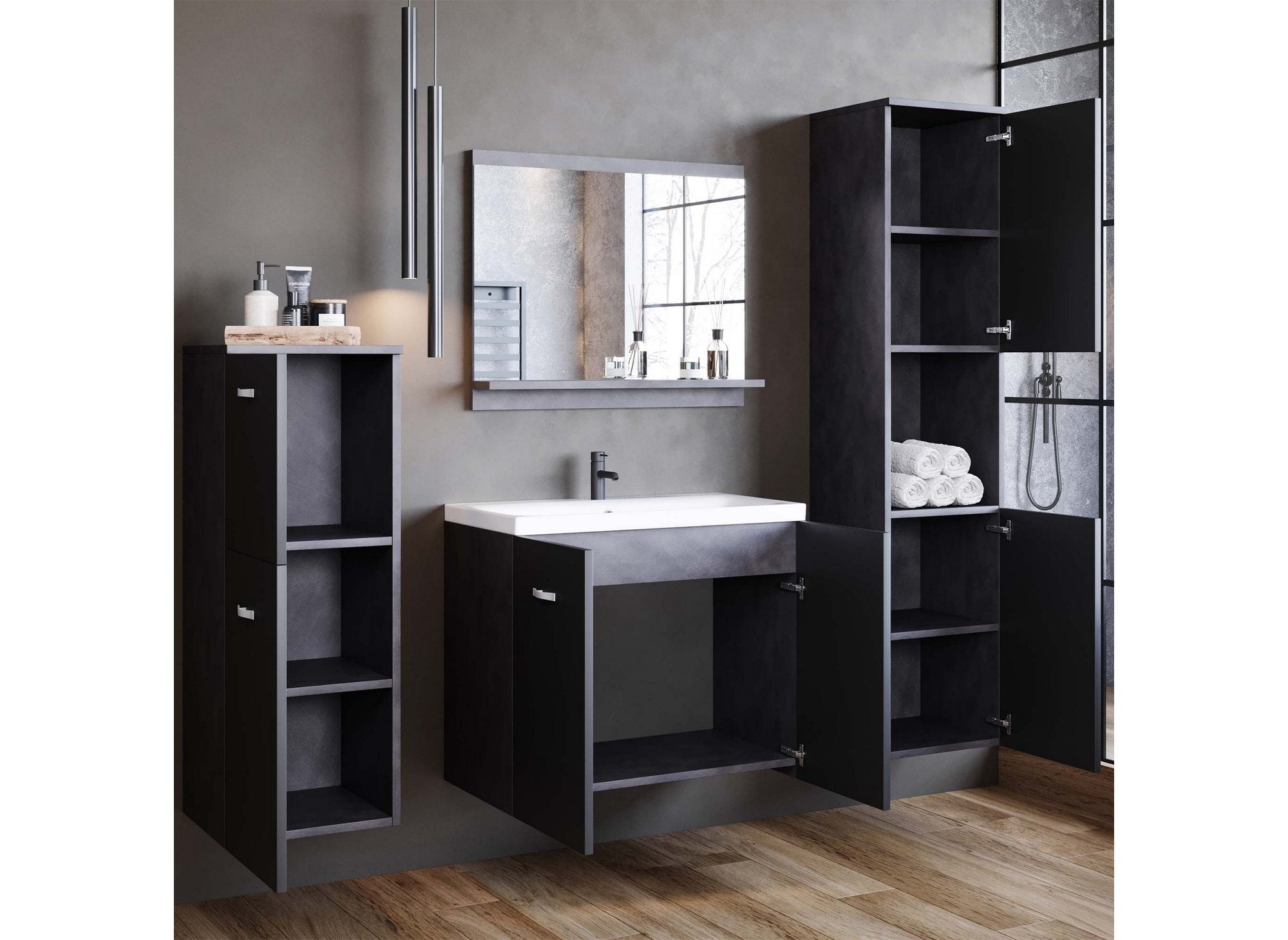 Ensemble meubles salle de bain design suspendu - Gris anthracite et noir ALBY