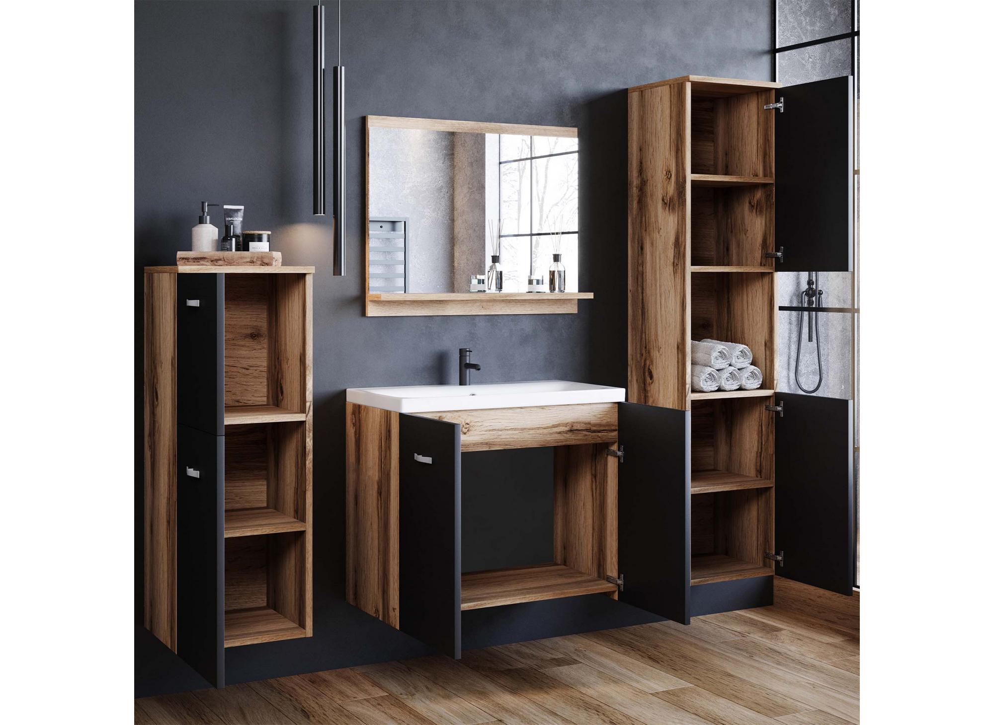 Ensemble meubles salle de bain design suspendu - Bois vieilli noir ALBY