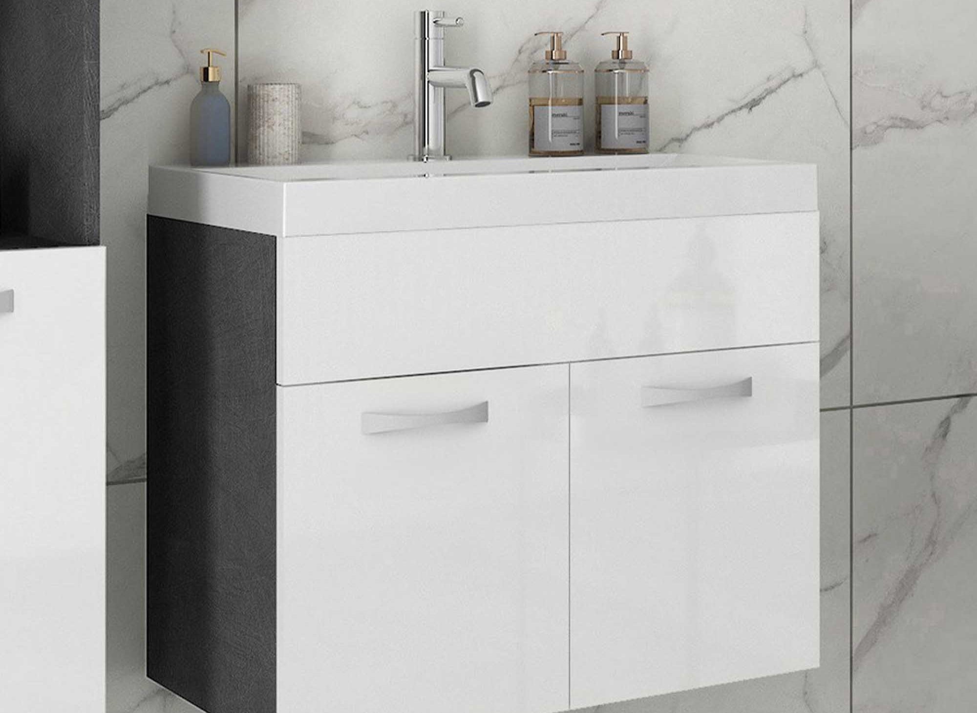 Ensemble meubles salle de bain design suspendu - Gris foncé et blanc HARMONY