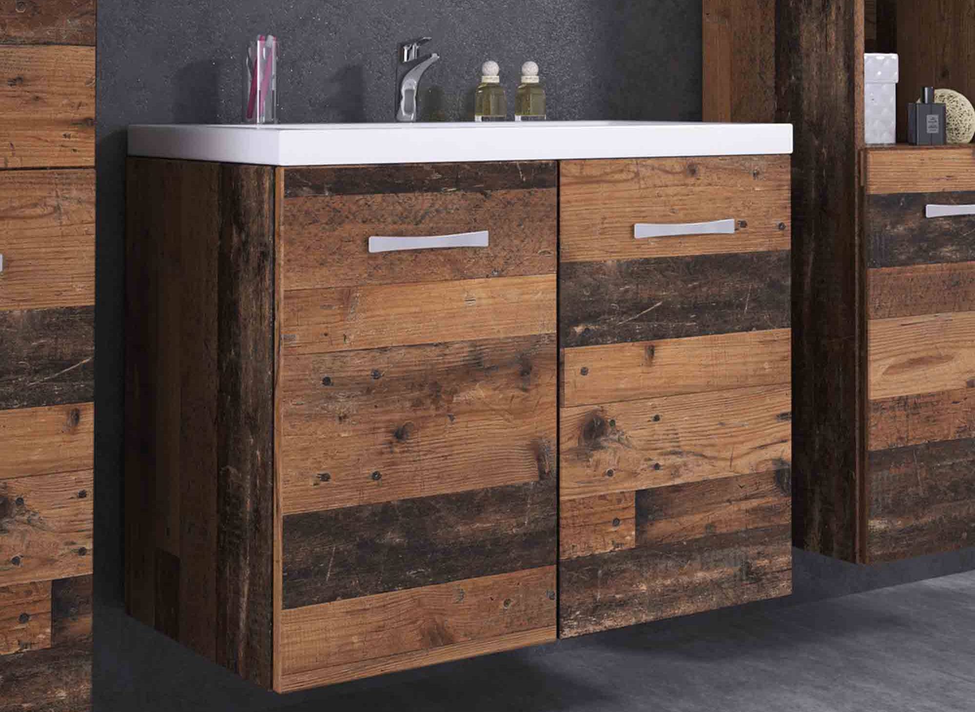 Ensemble meubles salle de bain design suspendu - Effet bois vieilli ALBY