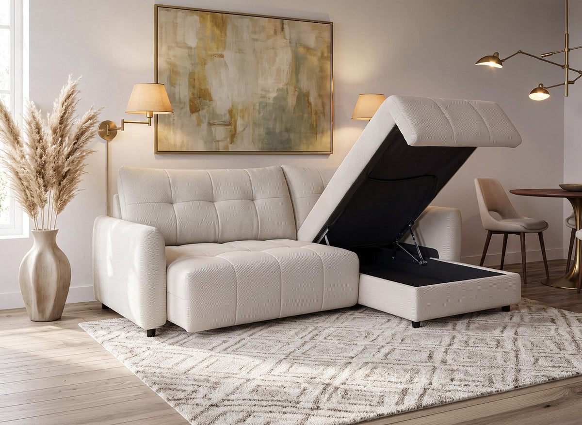 Divano angolare relax reversibile con cassapanca in tessuto strutturato beige KALINKA