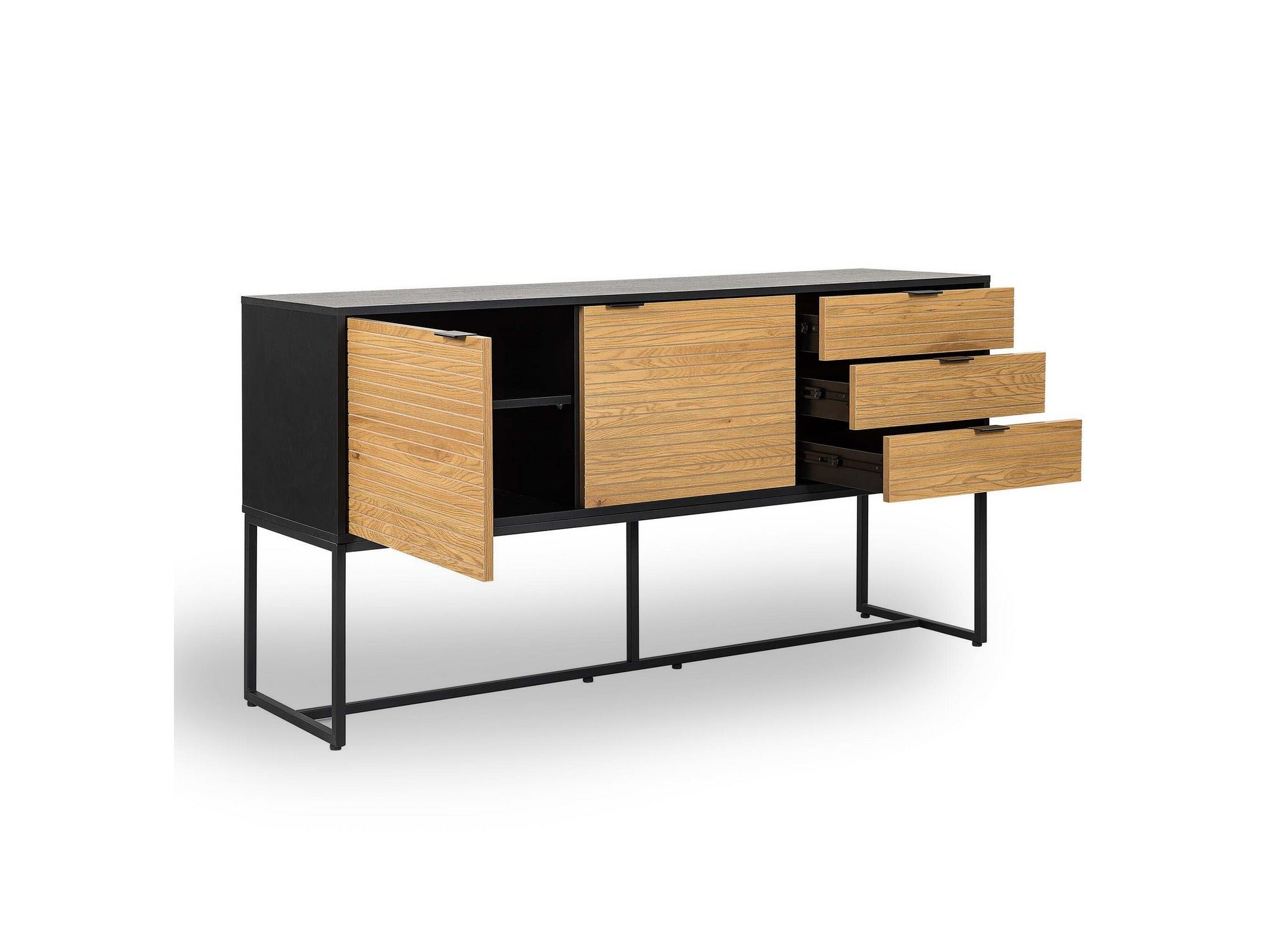 Buffet en enfilade 3 tiroirs 2 portes en bois clair et métal noir TISSIA