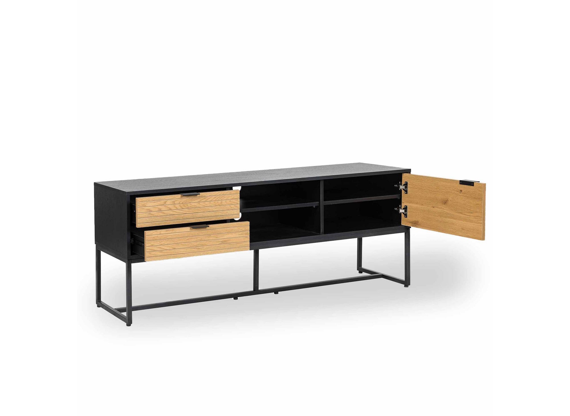 Meuble TV 2 tiroirs 1 porte en bois clair et métal noir TISSIA