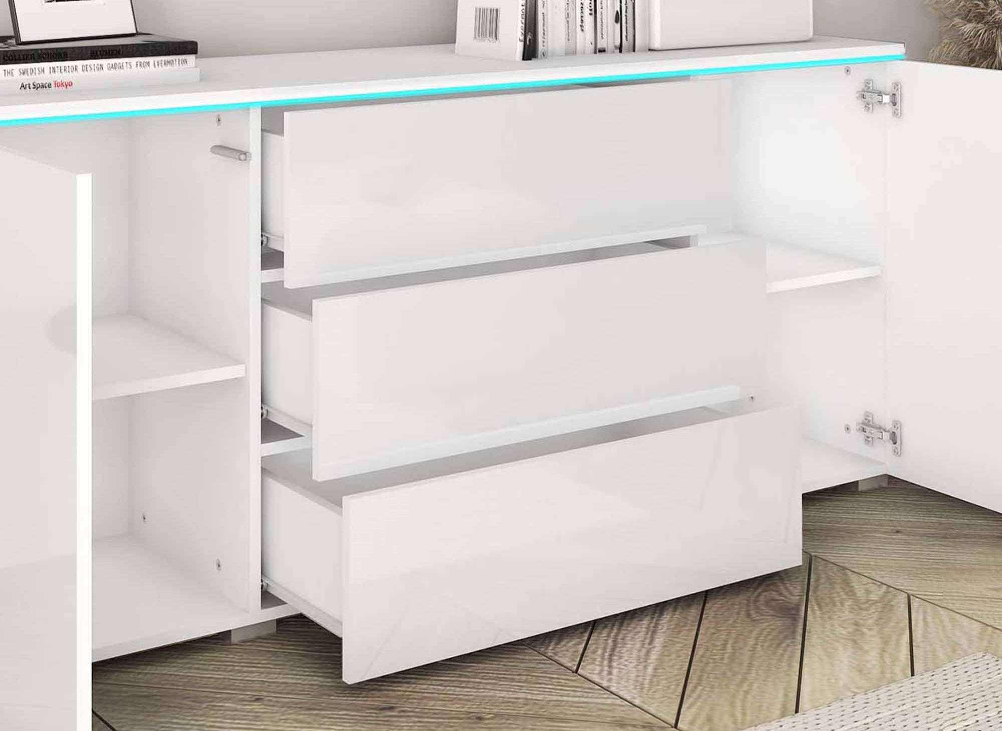 Buffet commode 2 portes 3 tiroirs blanc avec LED - ALEXIA