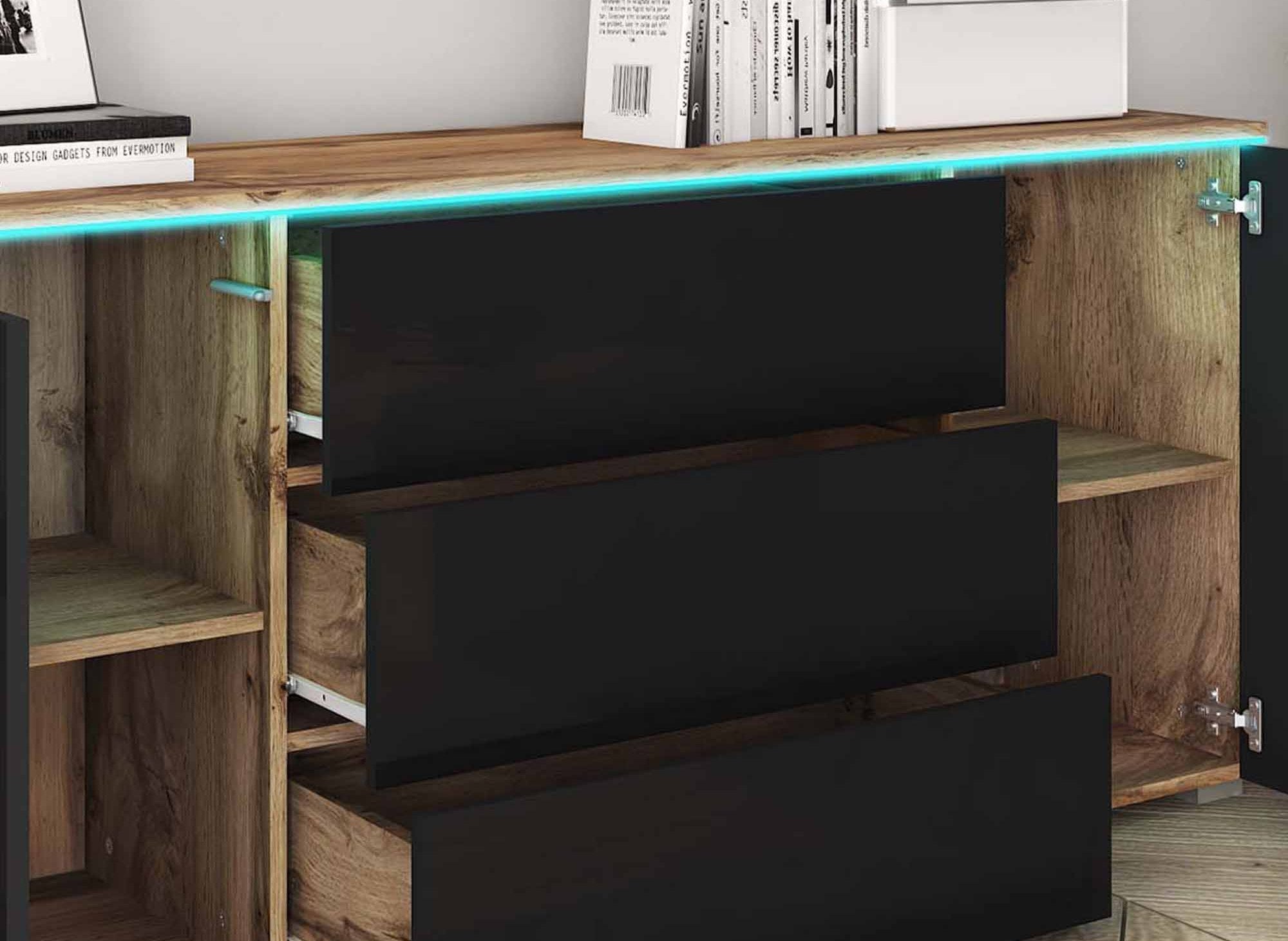 Buffet commode 2 portes 3 tiroirs chêne et noir avec LED - ALEXIA