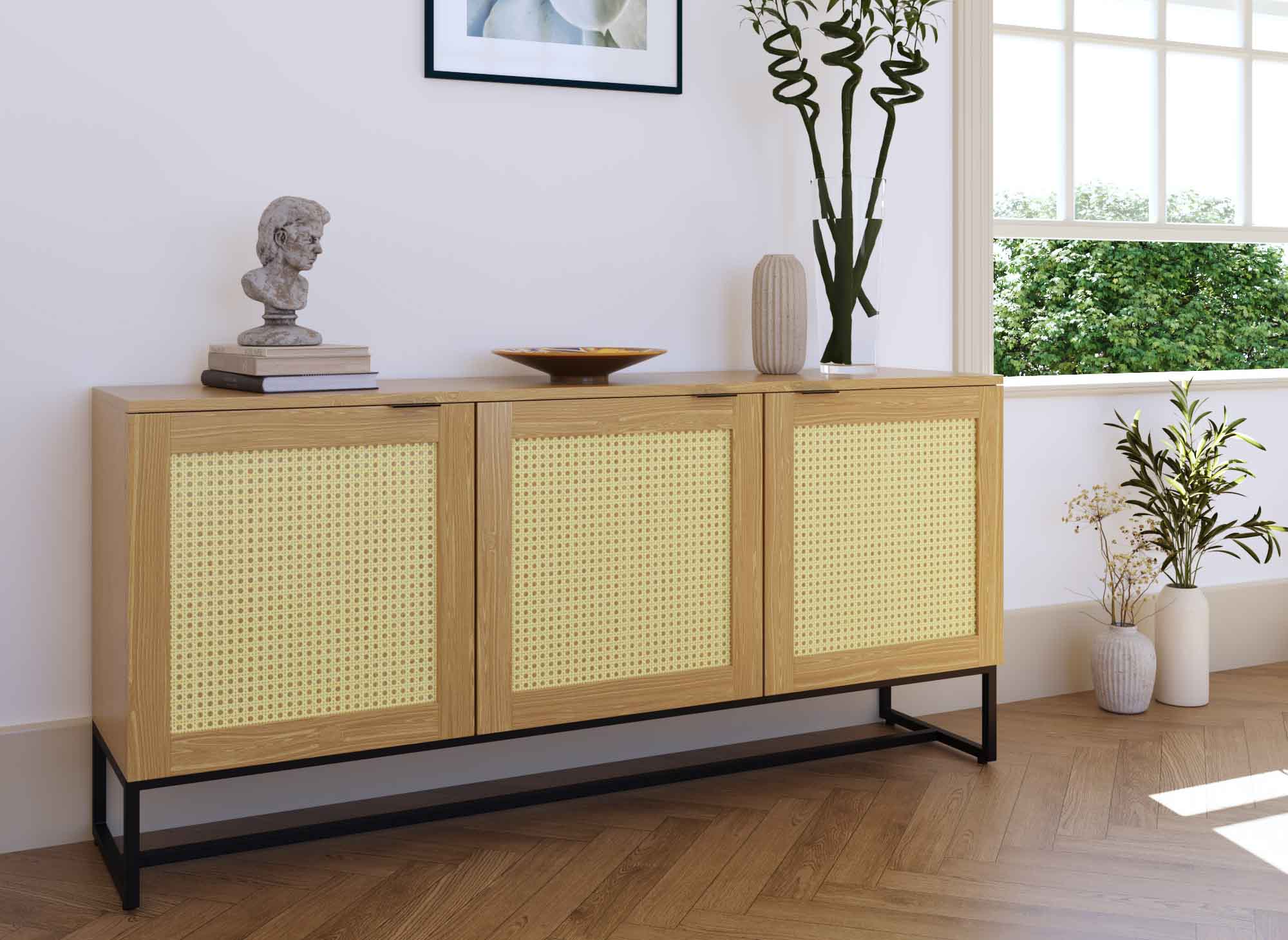 Buffet enfilade scandinave 3 portes en bois métal et cannage TULLIO