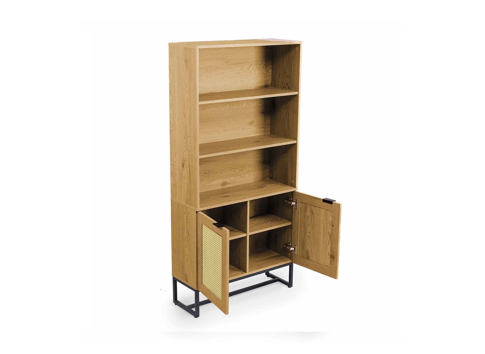 Bibliothèque scandinave 2 portes 2 étagères en bois métal et cannage TULLIO