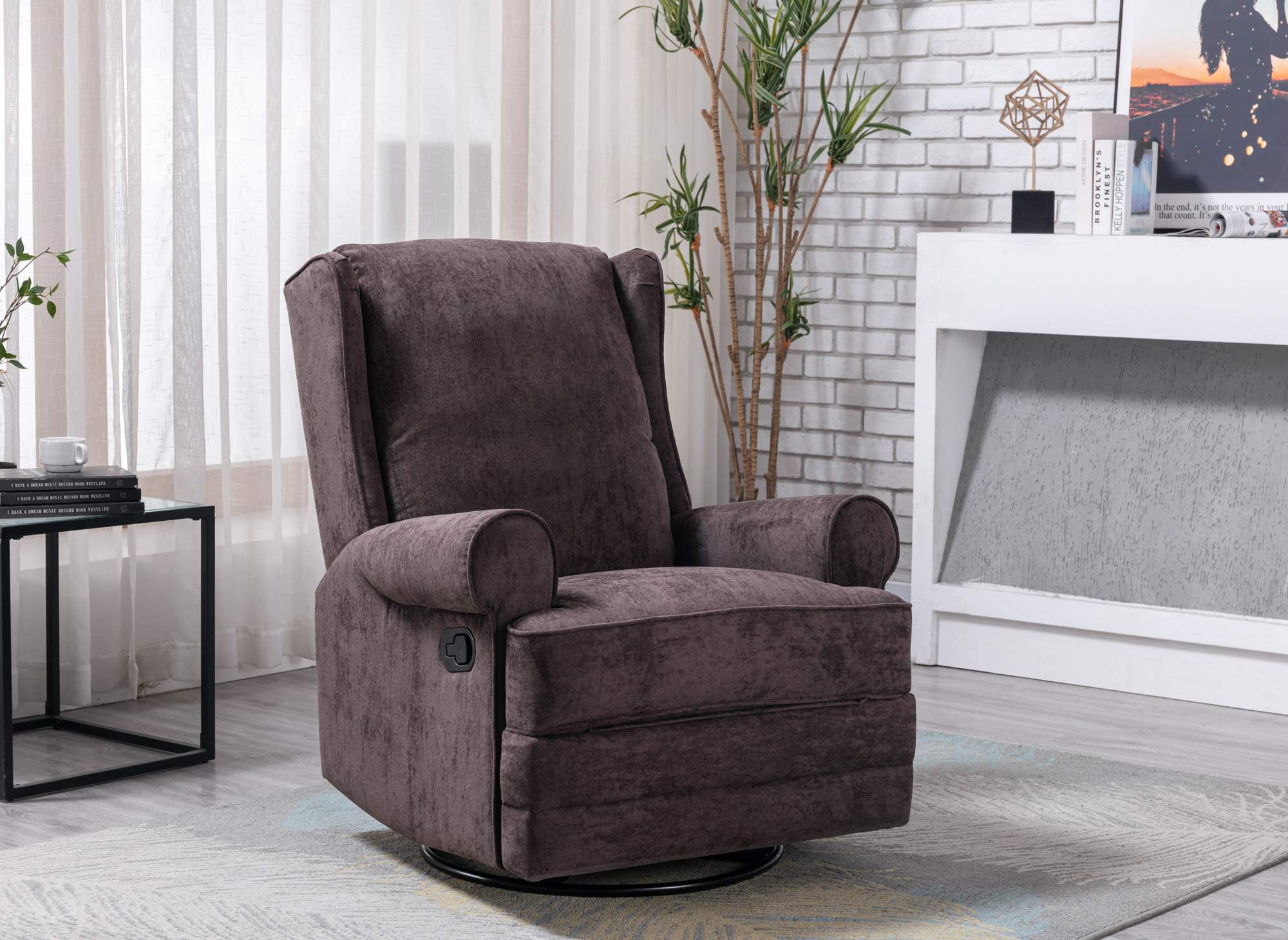 Fauteuil relax pivotant en tissu marron BRODY