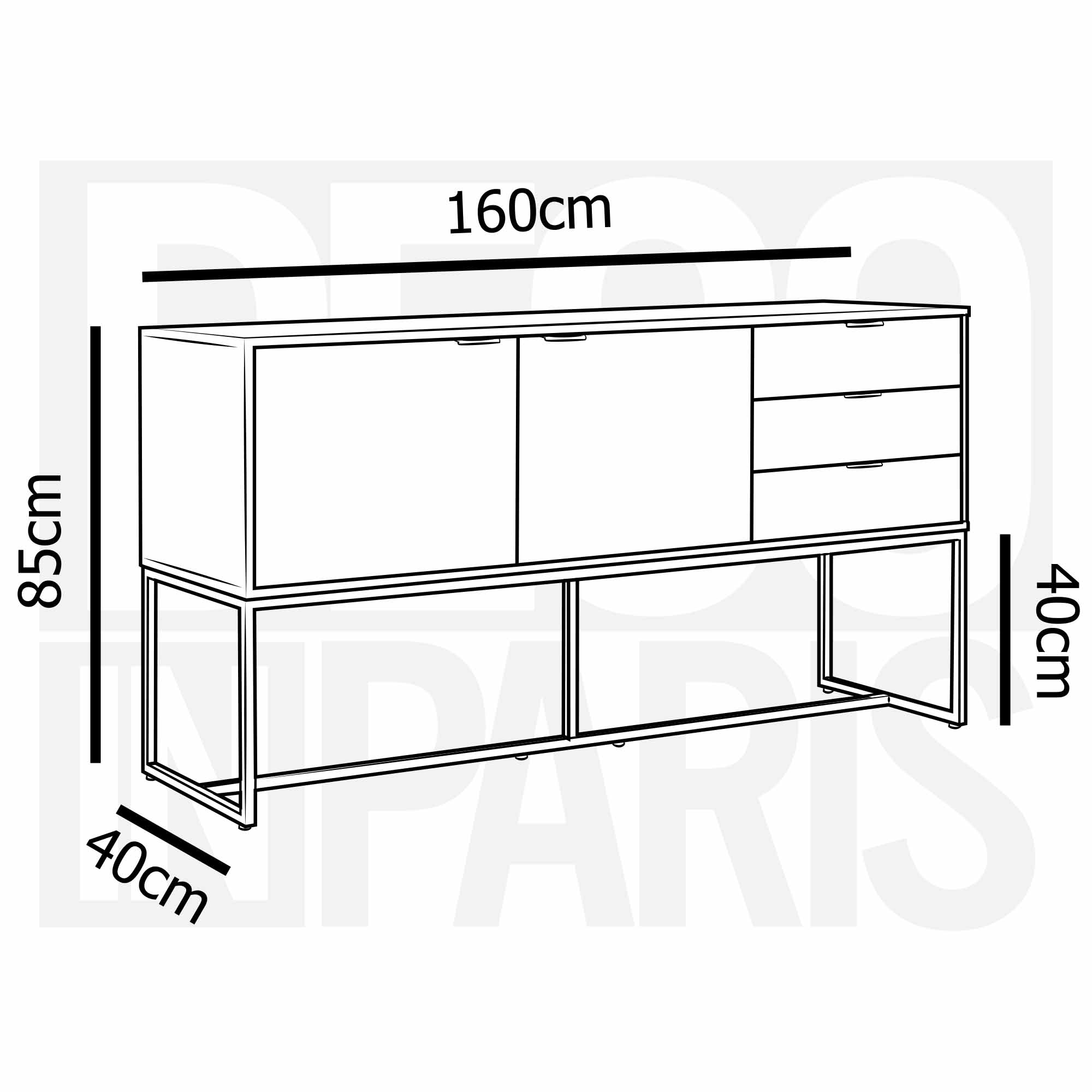 Buffet en enfilade 3 tiroirs 2 portes en bois clair et métal noir TISSIA