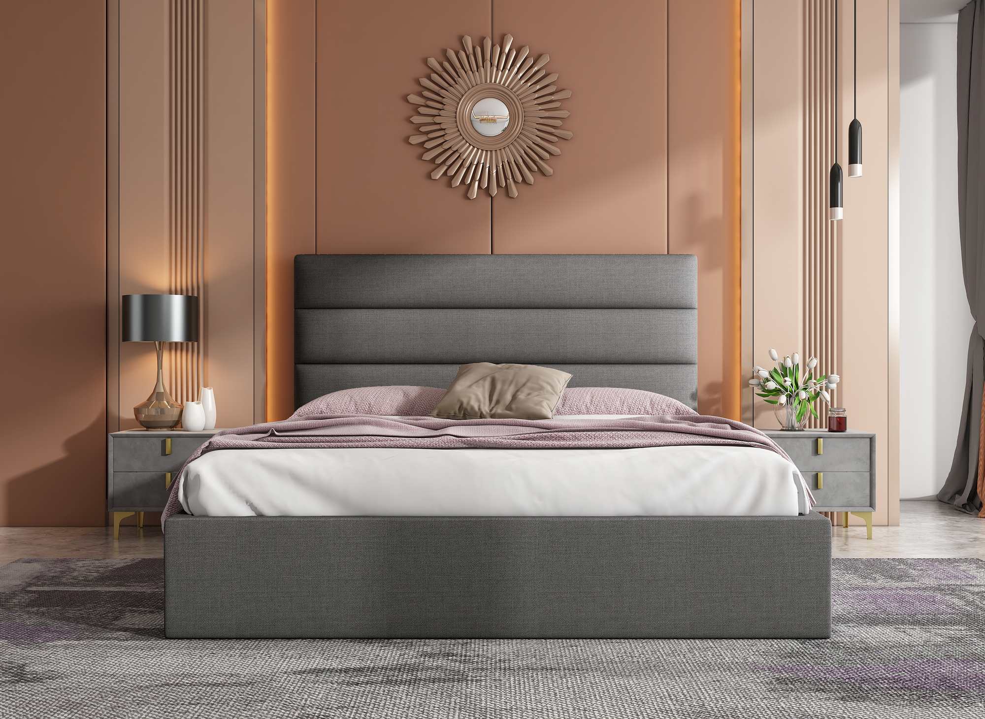 Letto contenitore in tessuto di lino grigio 140 x 190 cm SHANNA