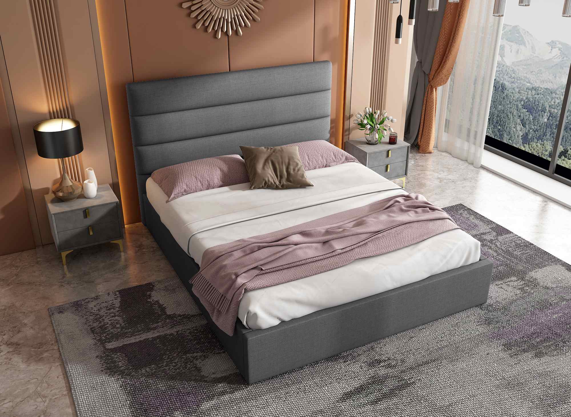 Lit coffre en tissu lin gris 160 x 200 cm SHANNA