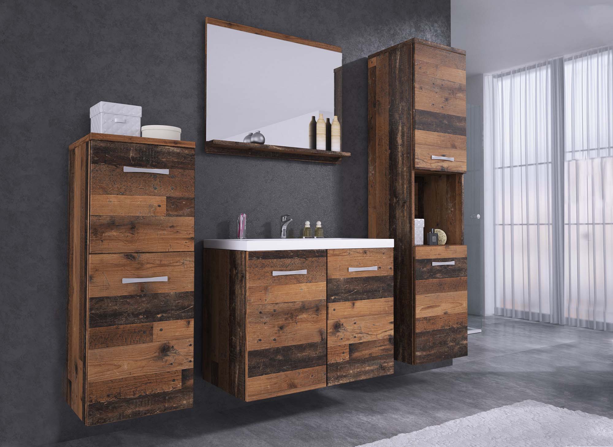 Ensemble meubles salle de bain design suspendu - Effet bois vieilli ALBY