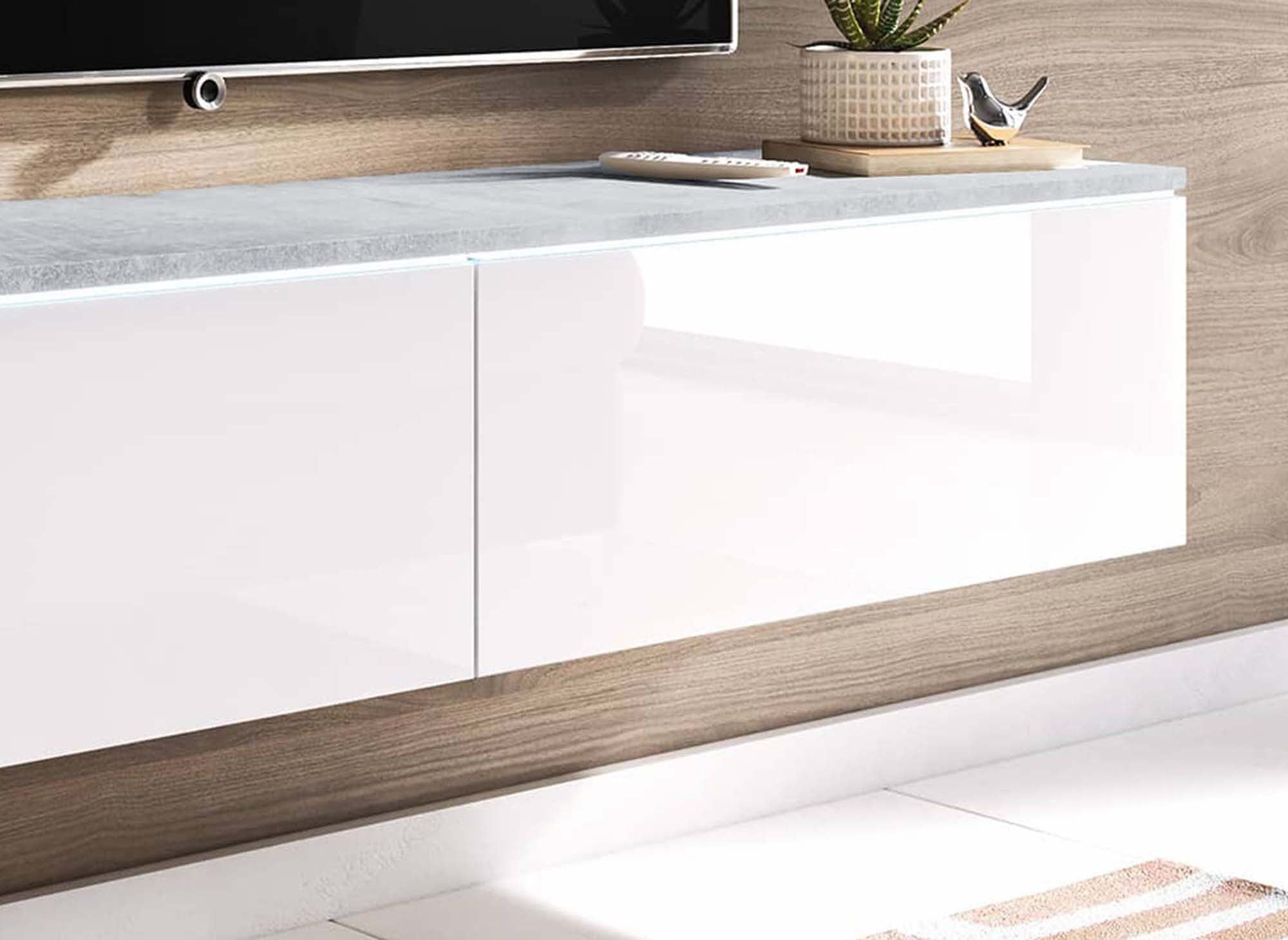Mobile TV moderno in cemento e laccato bianco con LED 2 ante MALORIE - 140 cm