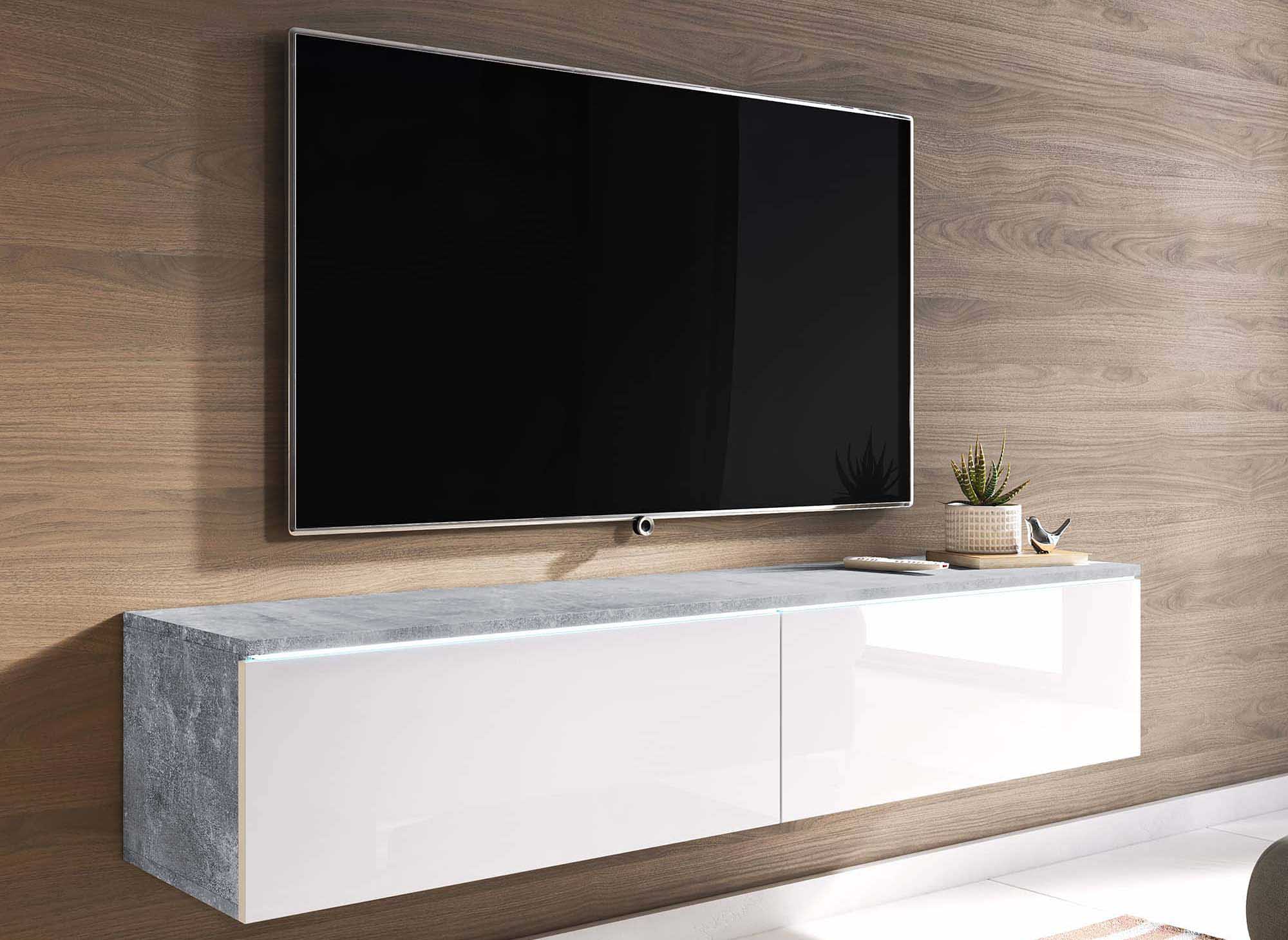 Mobile TV moderno in cemento e laccato bianco con LED 2 ante MALORIE - 140 cm